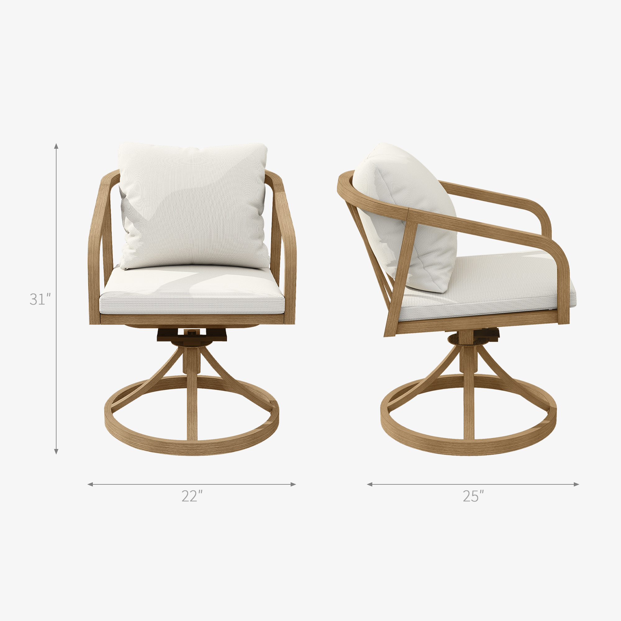 Swivel patio chair with wooden frame and white cushions shown from front and side-Seehill