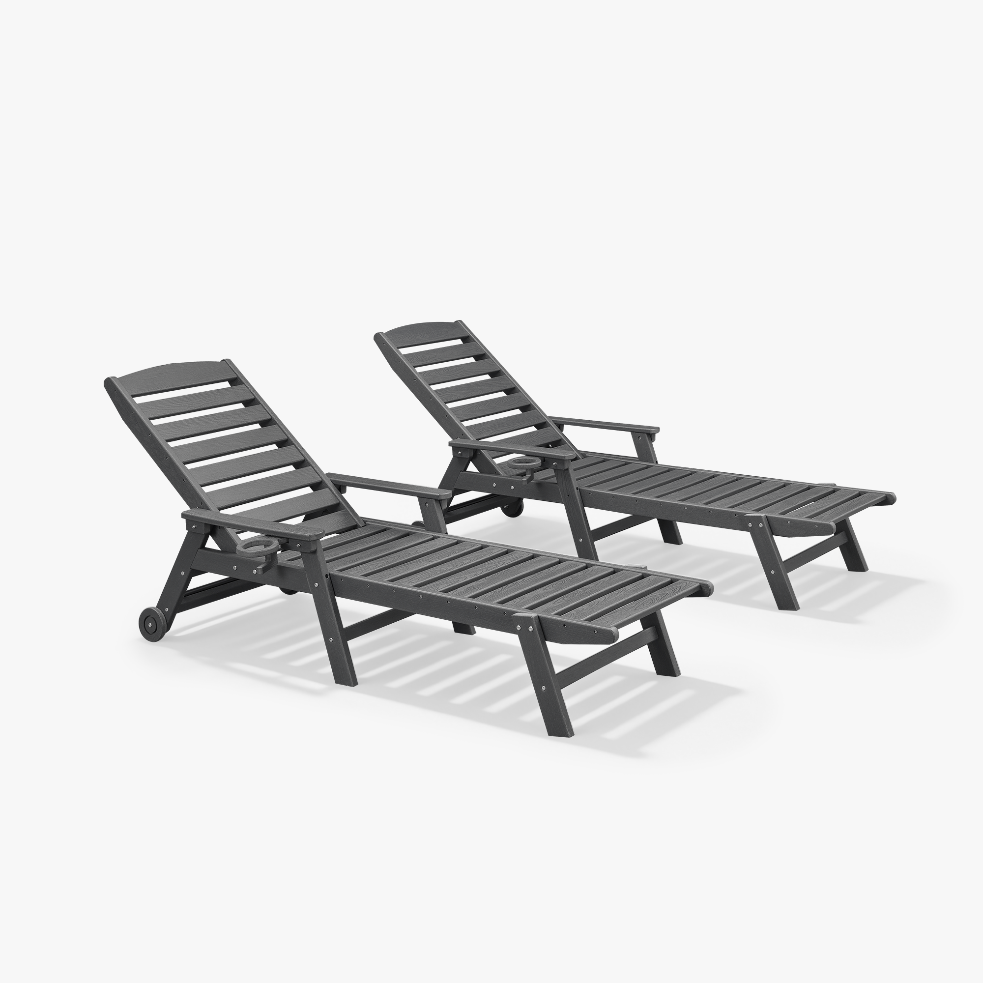 Two-piece adjustable outdoor lounge chairs with cup holders in dark gray finish -Seehill