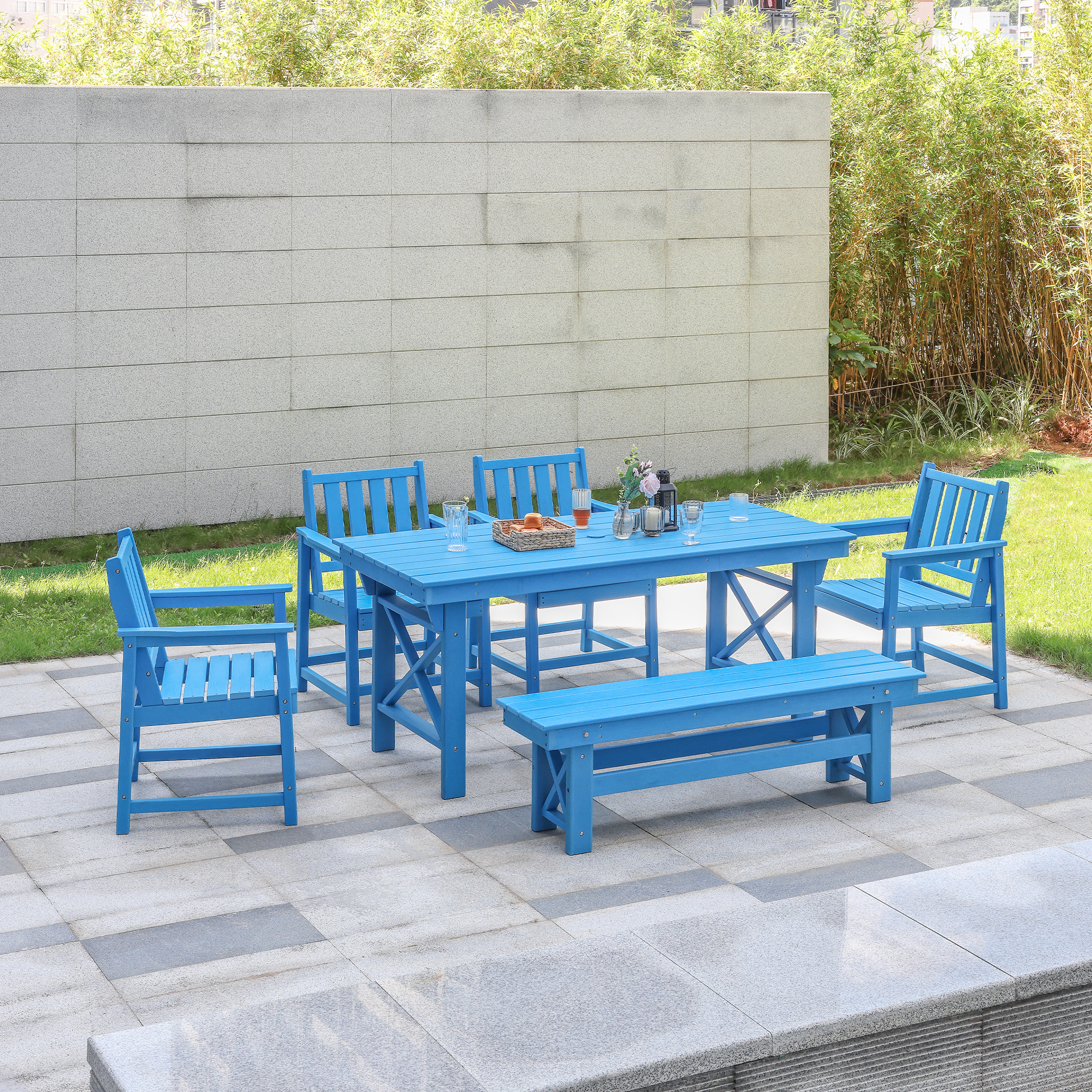 6-Piece HDPE Patio Outdoor Dining Set with 4 Chairs and 1 Bench - DS076-2