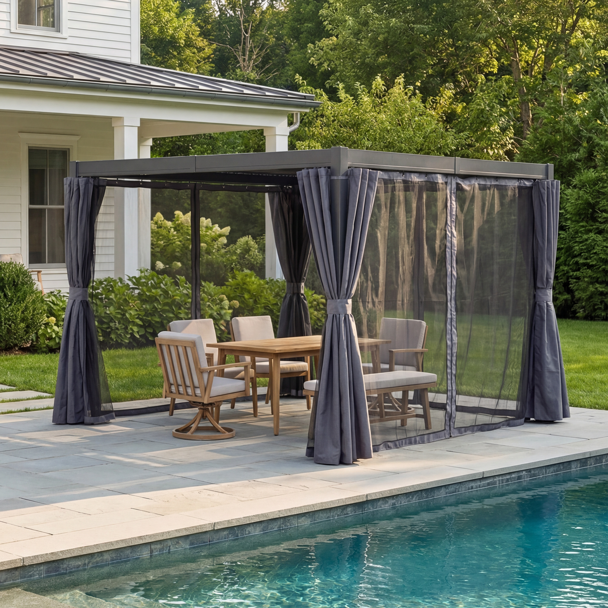 Aluminum Adjustable Louvered Pergola with Curtains and Netting