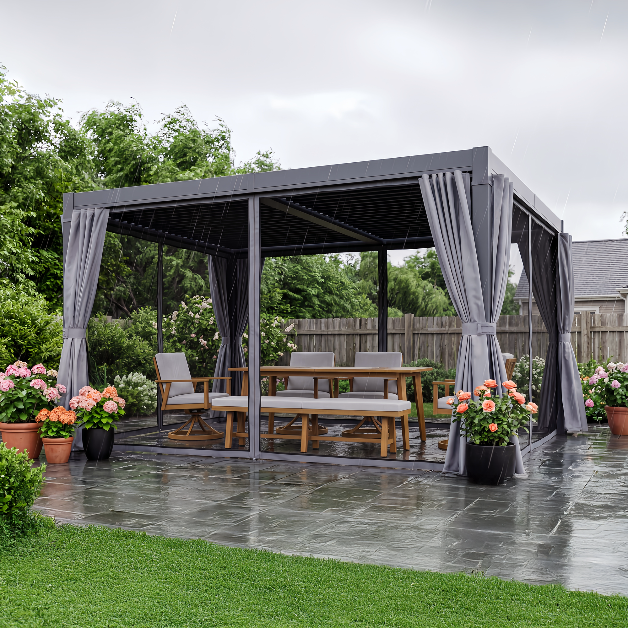 Aluminum Adjustable Louvered Pergola with Curtains and Netting