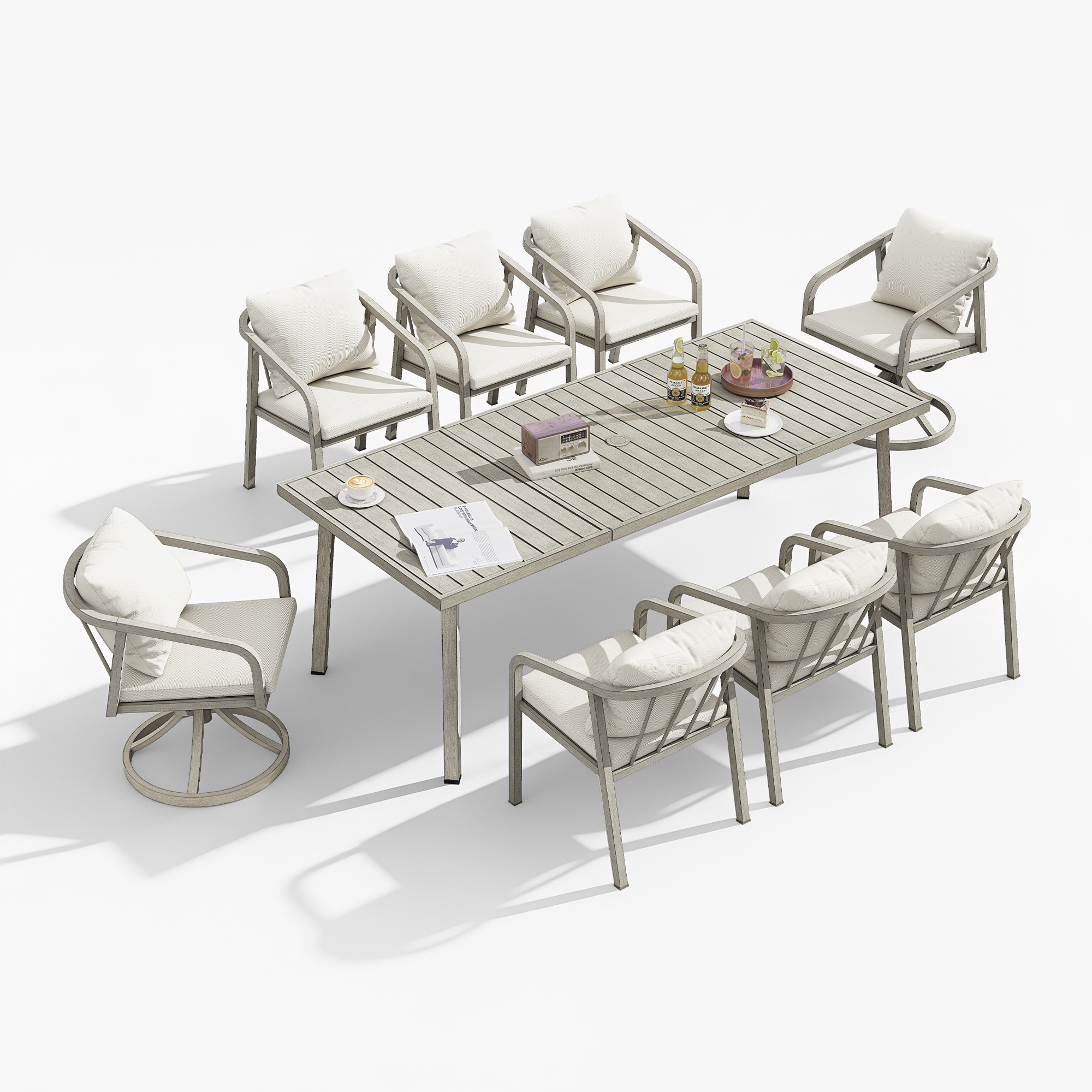 Outdoor dining set with cushioned chairs and a rectangular table on white background-Seehill