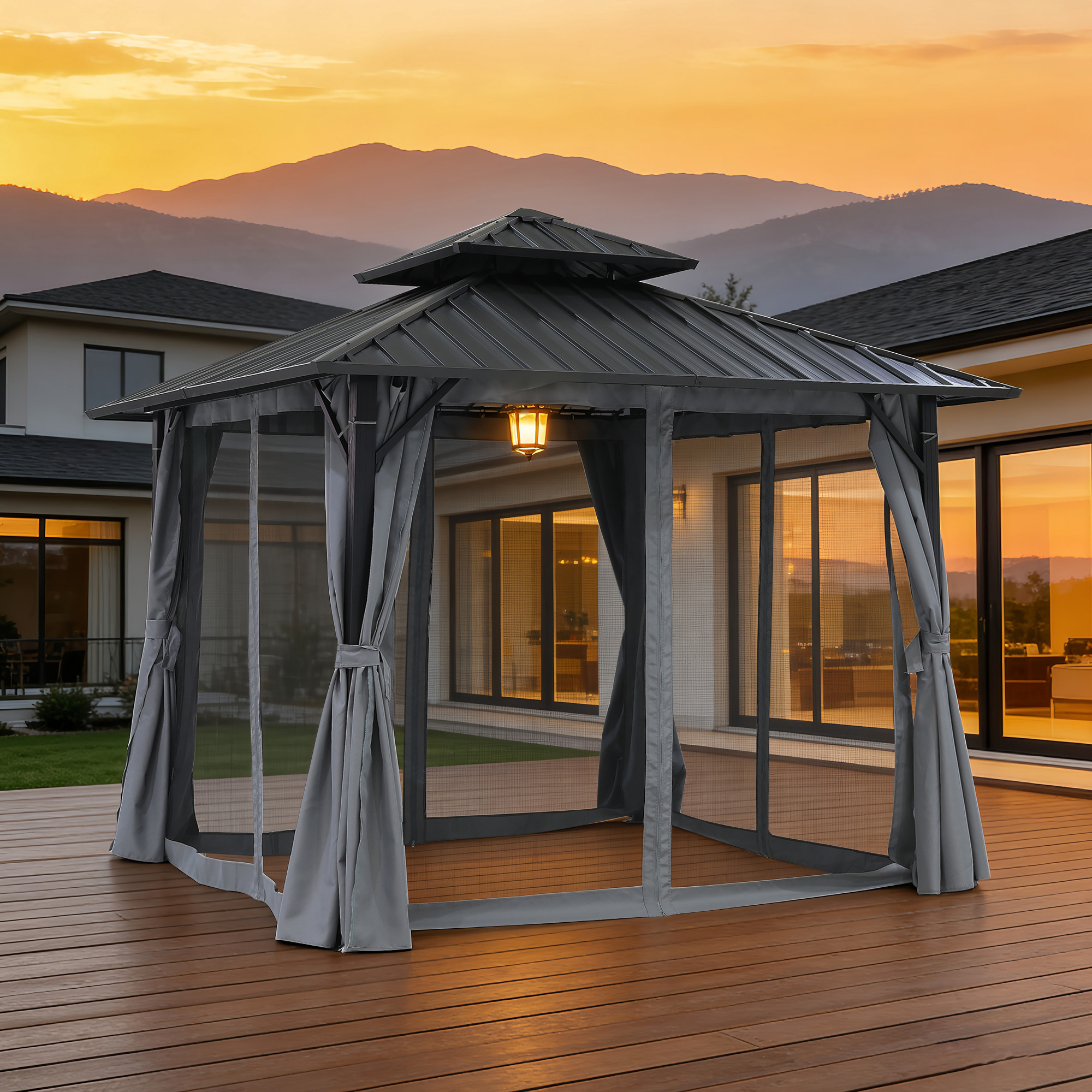 Outdoor patio hardtop gazebo with netting on wooden deck at sunset -Seehill