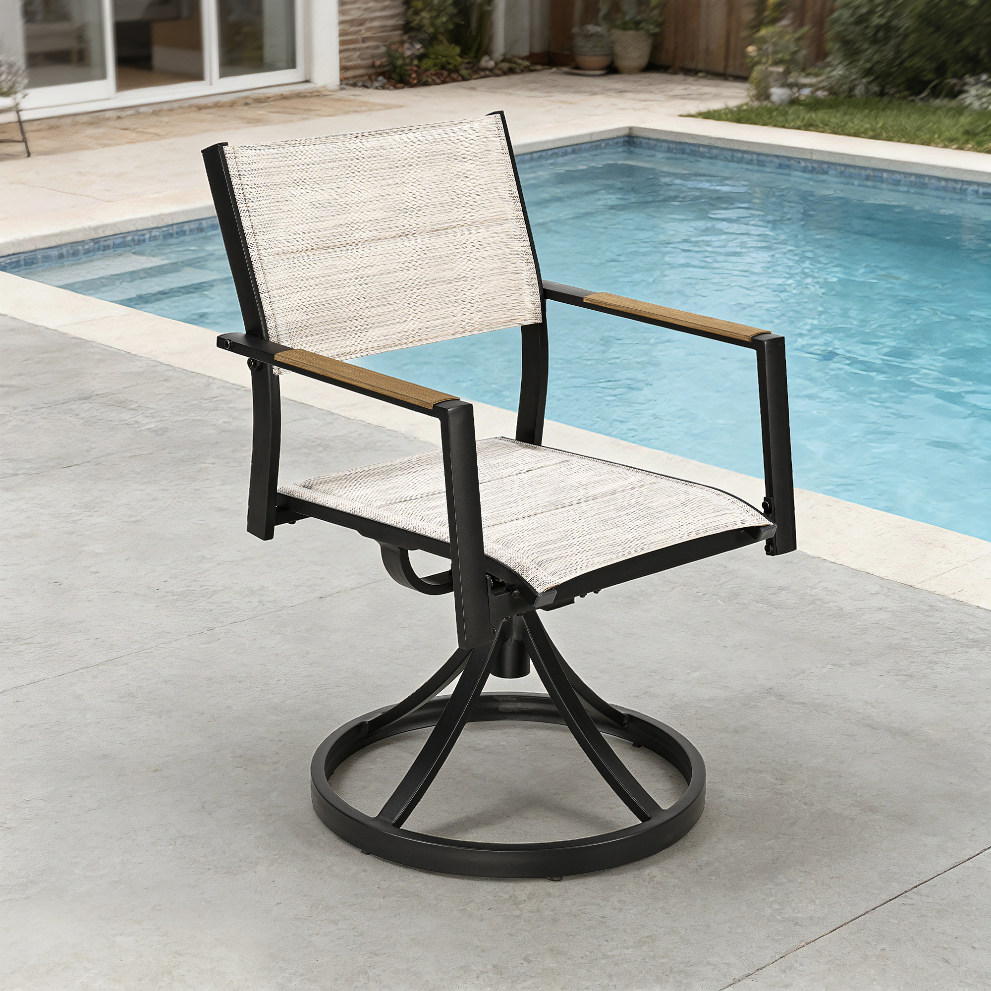 Outdoor swivel dining chair with light fabric and black metal frame by the pool-Seehill