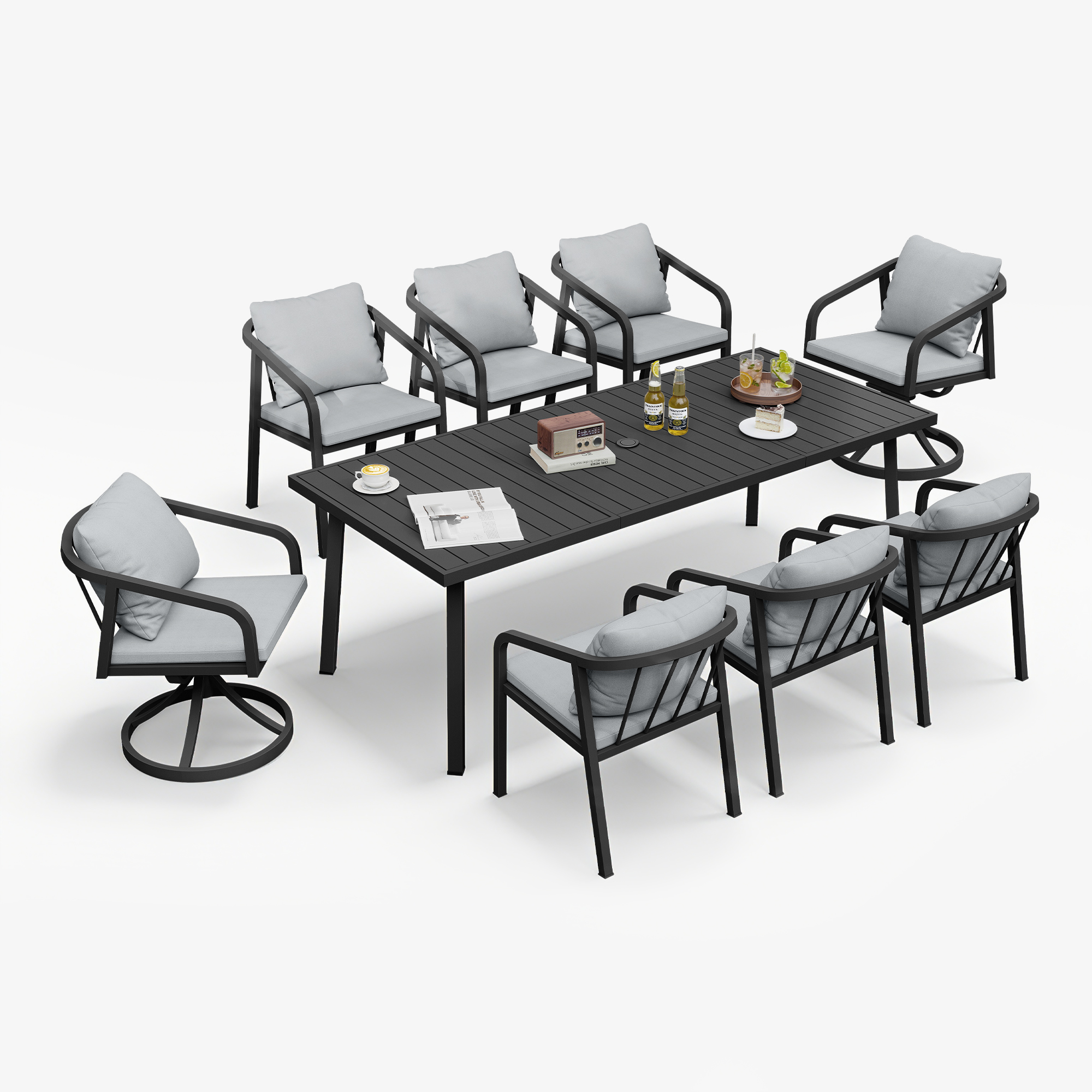 Outdoor dining set with cushioned chairs and a large table on a white background -Seehill