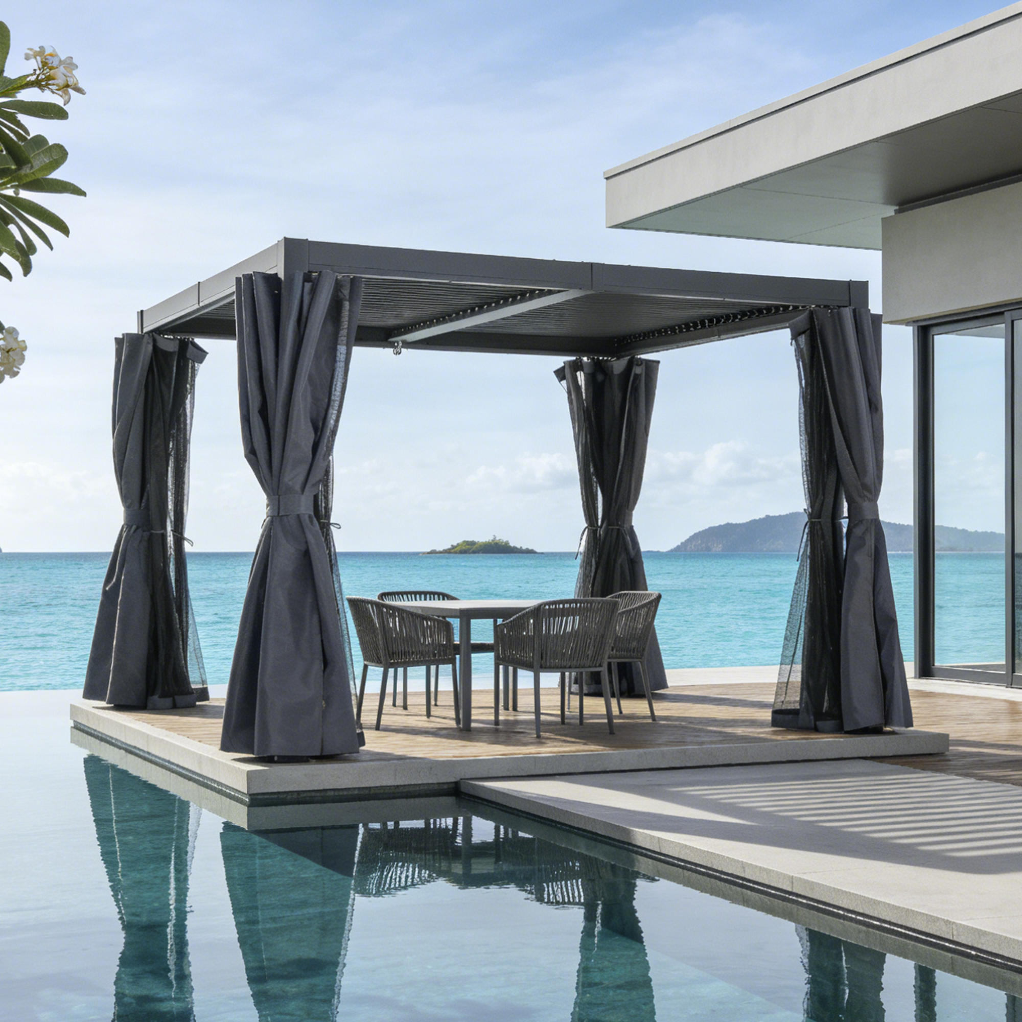 Aluminum Adjustable Louvered Pergola with Curtains and Netting