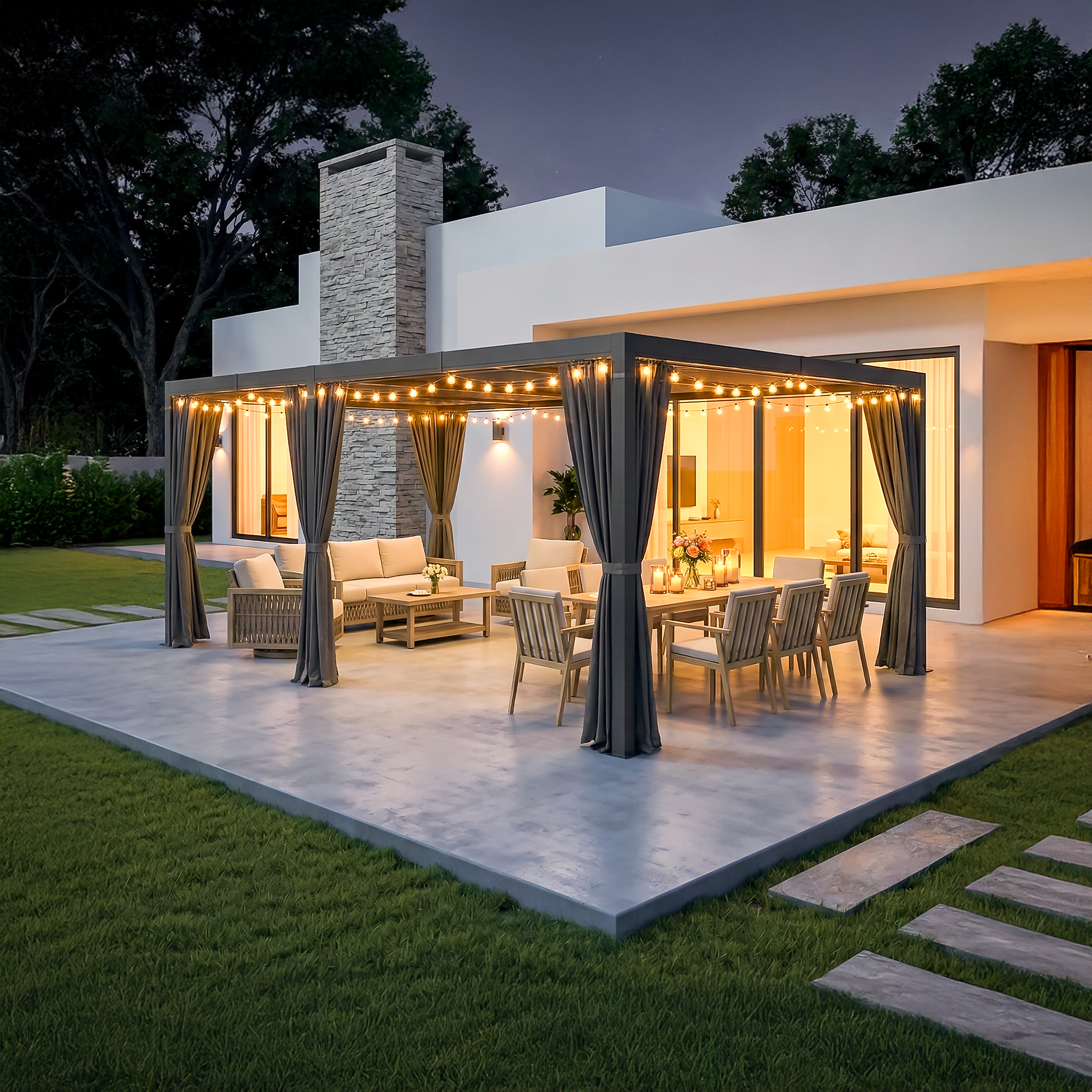 Aluminum Adjustable Louvered Pergola with Curtains and Netting