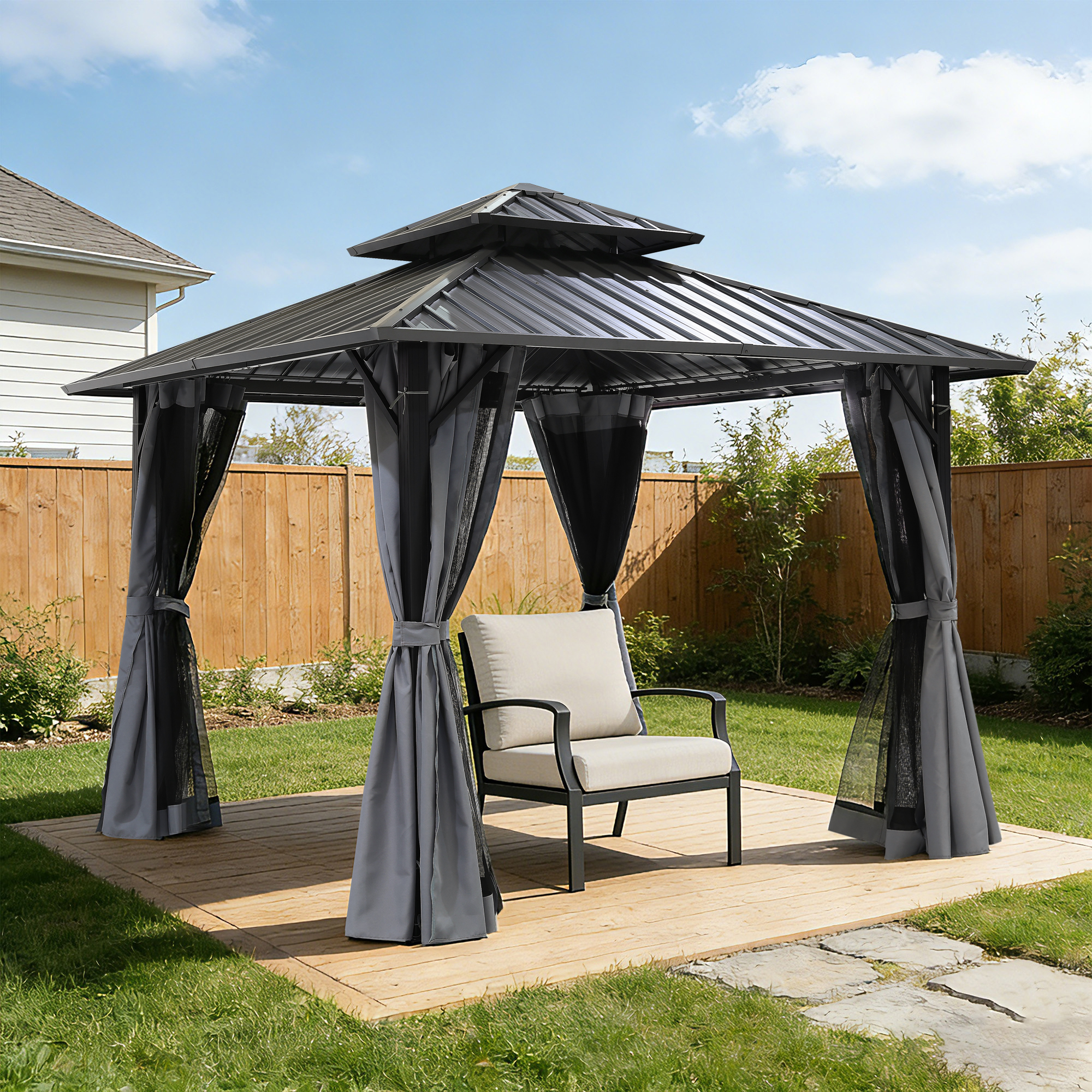 Outdoor patio hardtop gazebo with netting and cushioned chair on wooden deck-Seehill