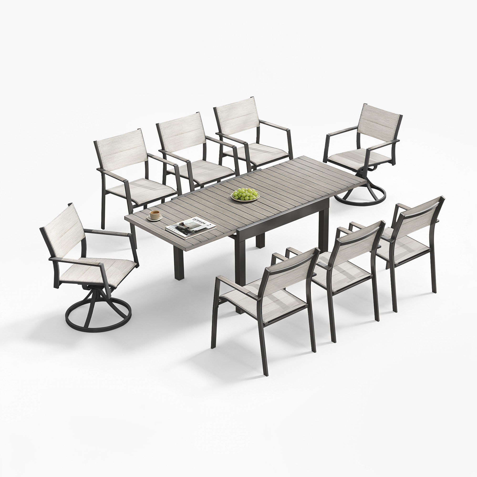 Extendable outdoor dining set with swivel and stationary chairs in neutral tones-Seehill
