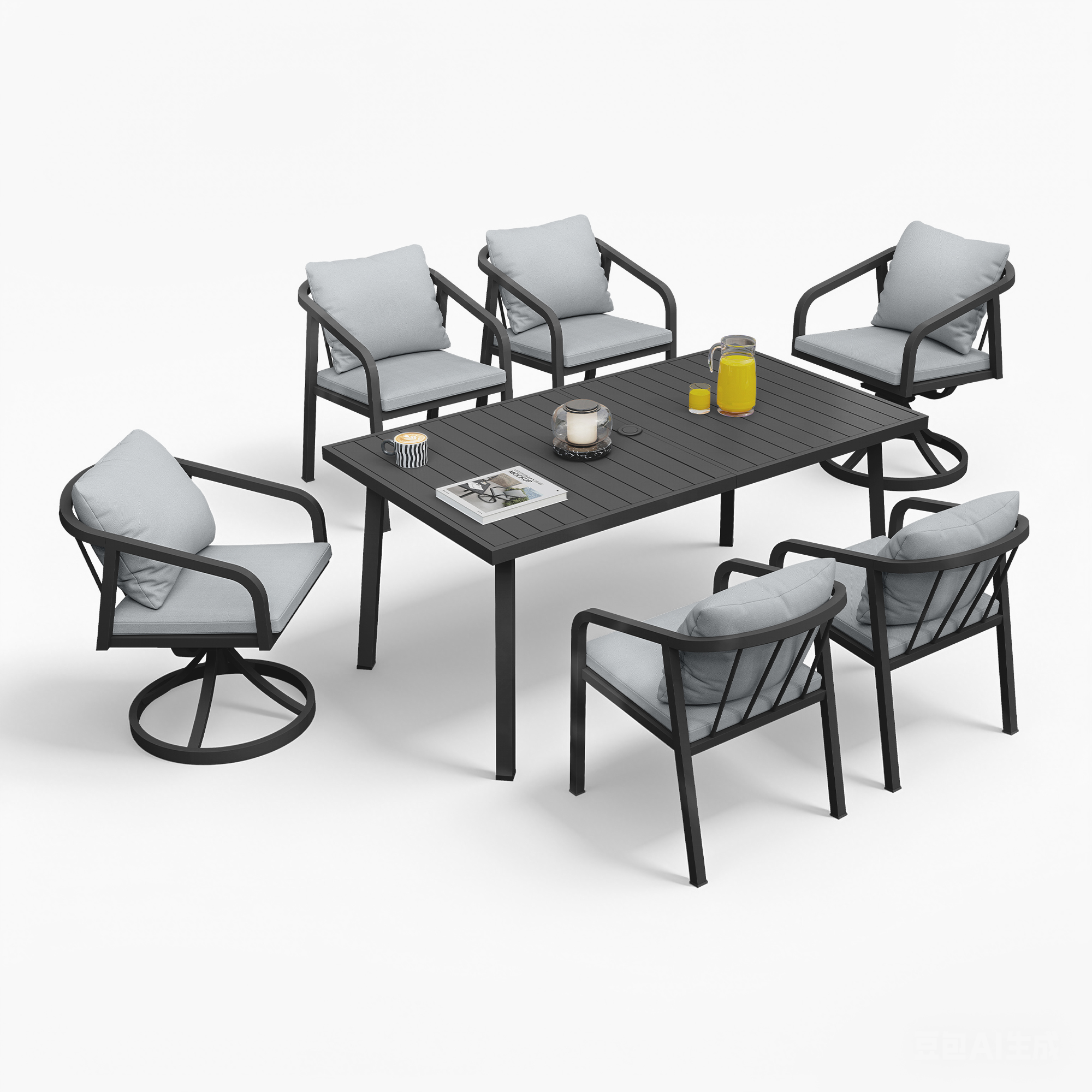Modern seven-piece patio dining set with cushioned chairs and a rectangular table with a cle-Seehill
