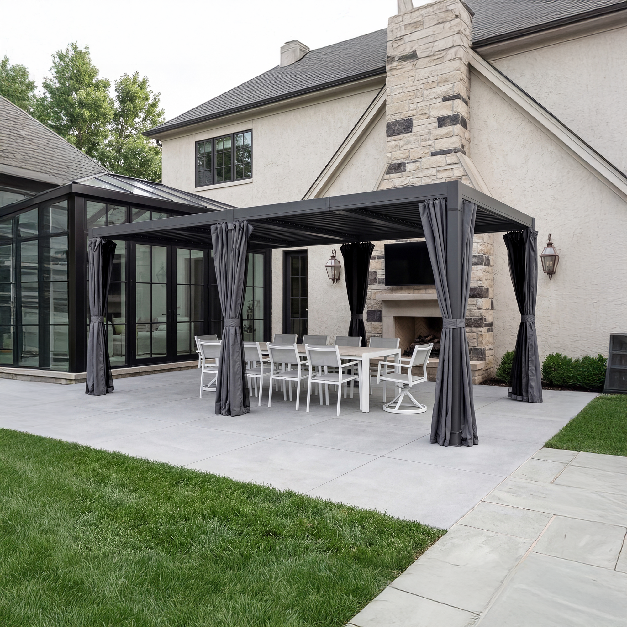 Aluminum Adjustable Louvered Pergola with Curtains and Netting