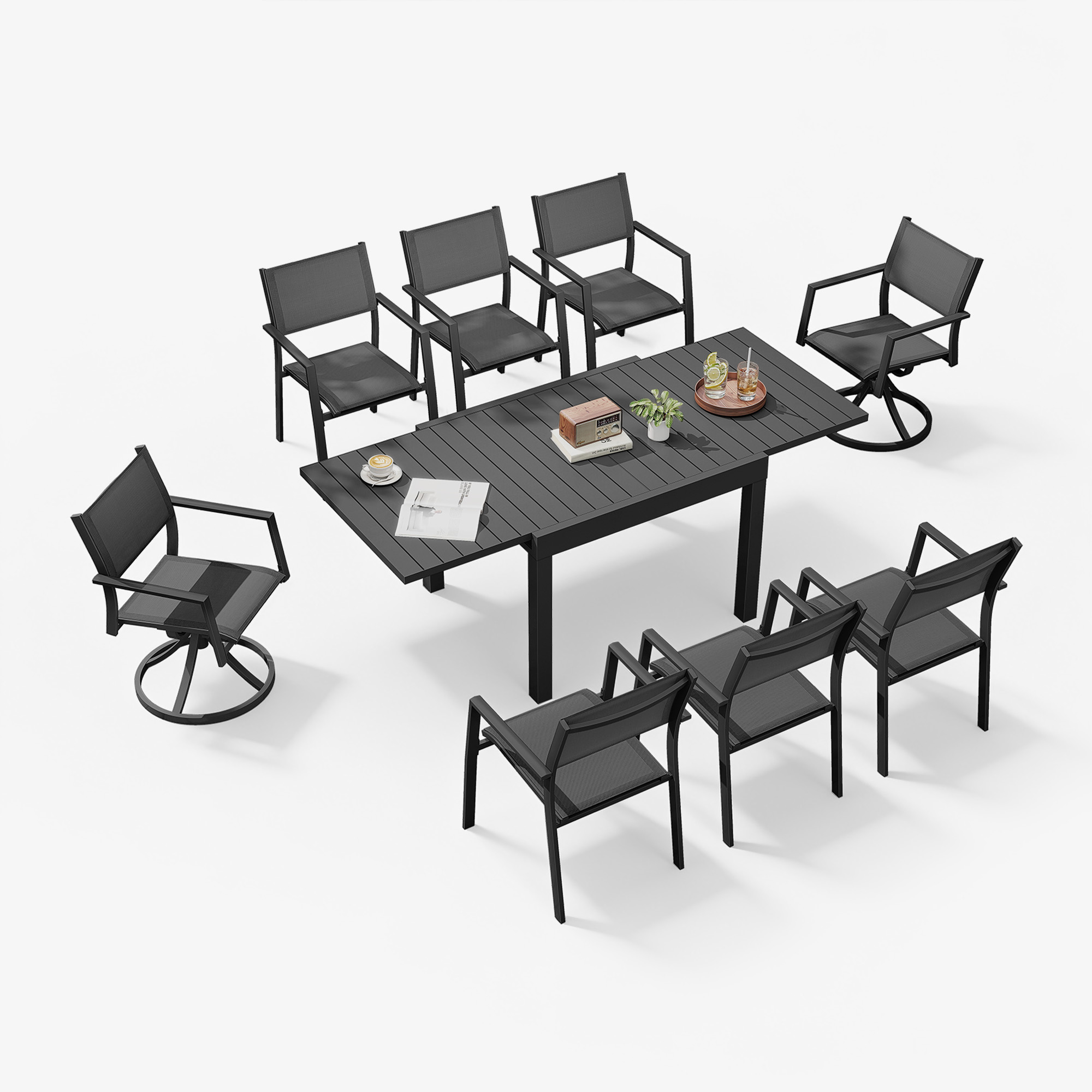 Black extendable outdoor dining table with eight matching swivel and stationary chairs-Seehill