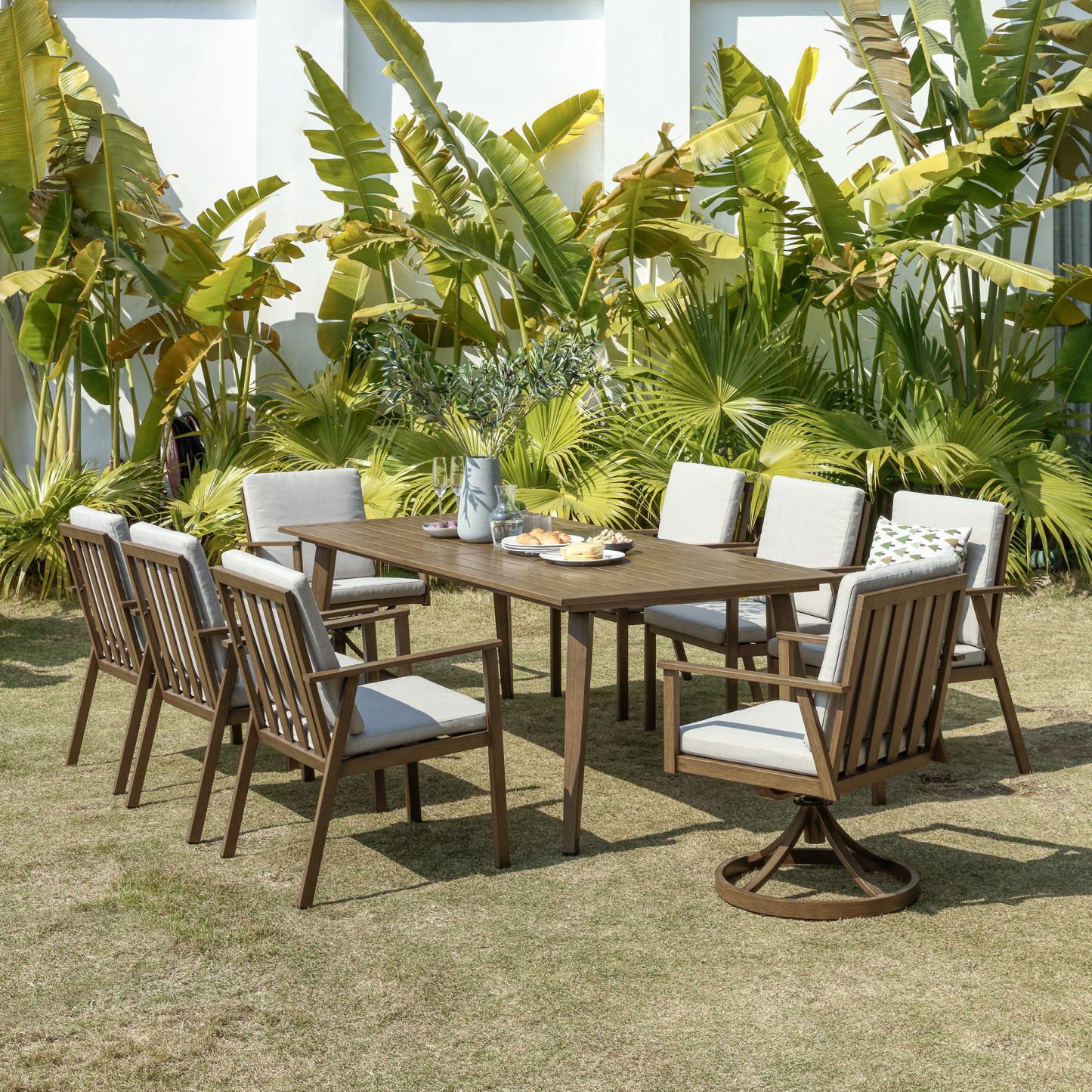 Modern outdoor dining set with 8 wood chairs  - Seehill