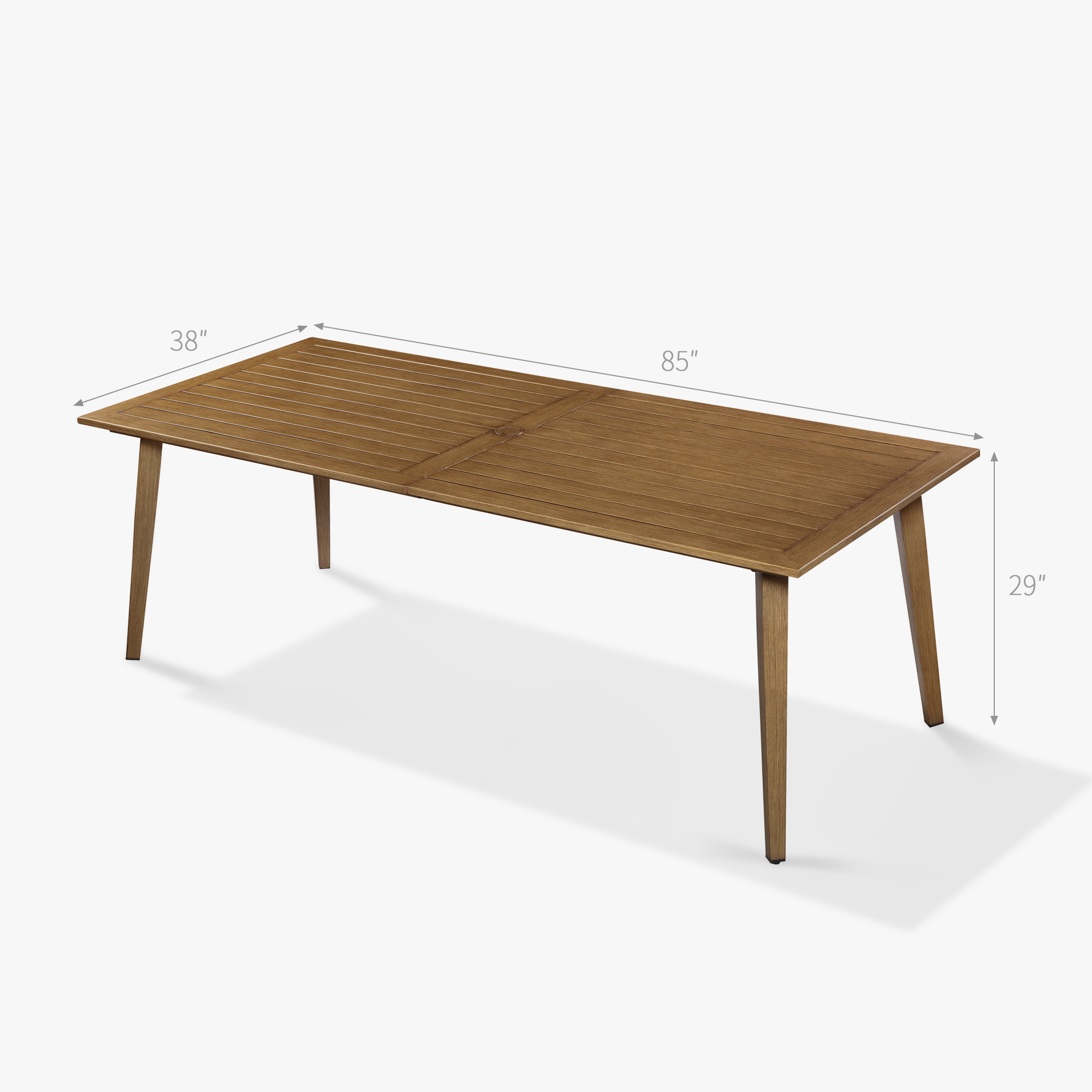 An elegant Person outdoor dining table made of aluminum with an umbrella hole and all-weather design, complemented by a modern wooden dining table. - Seehill