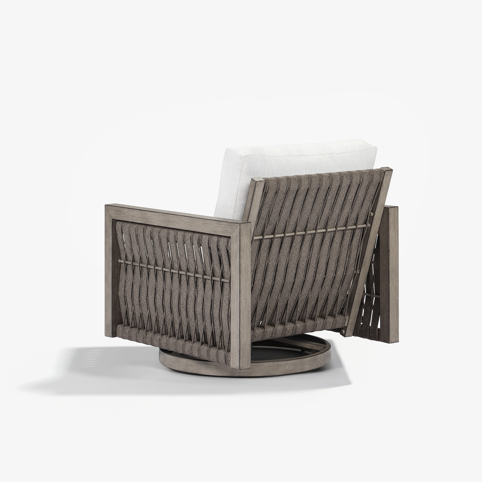 Highlighting the modern outdoor swivel chair with woven back and white cushion, this refined piece combines style and comfort. - Seehill