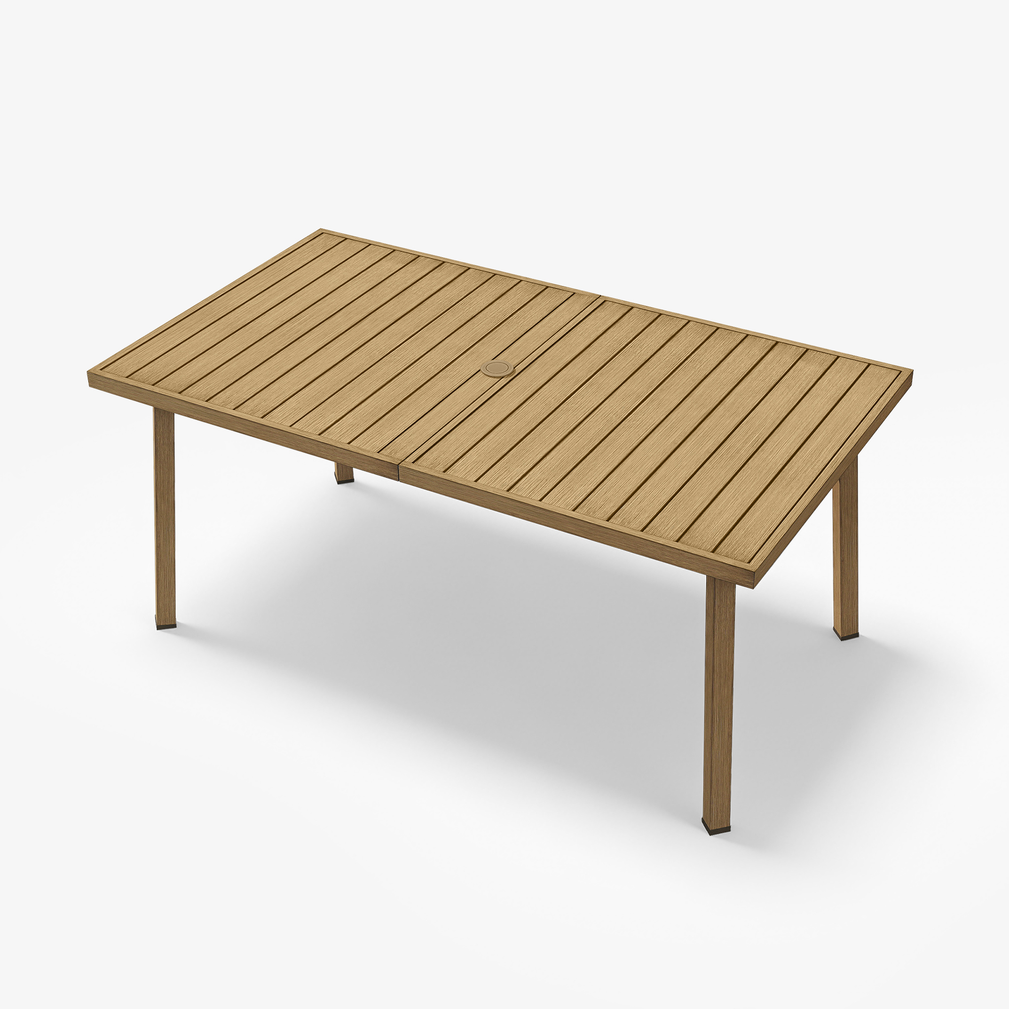 Rectangular wooden patio dining table with umbrella hole and slatted tabletop design highlig-Seehill