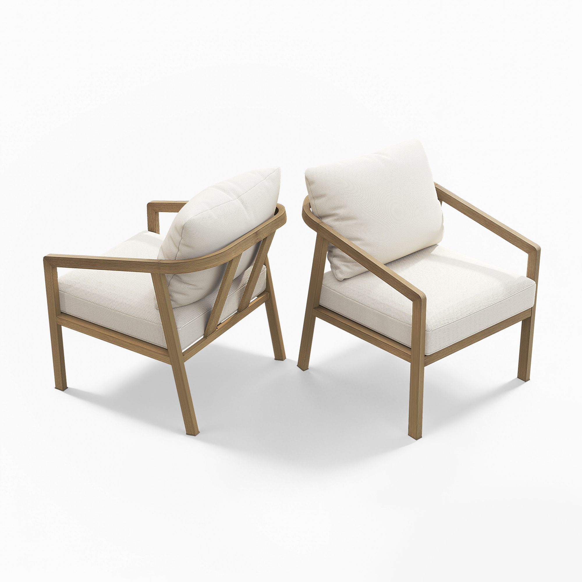 Two piece patio armchair set with wooden frame and white cushions on a white background-Seehill