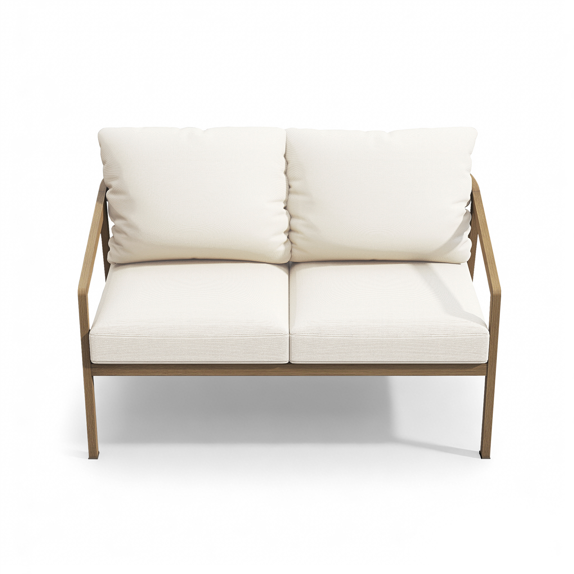 Two-seater outdoor loveseat with beige cushions and wooden frame on white background-Seehill