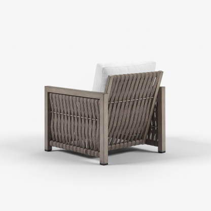 Modern outdoor armchair with woven rope backrest, dark wood  - Seehill