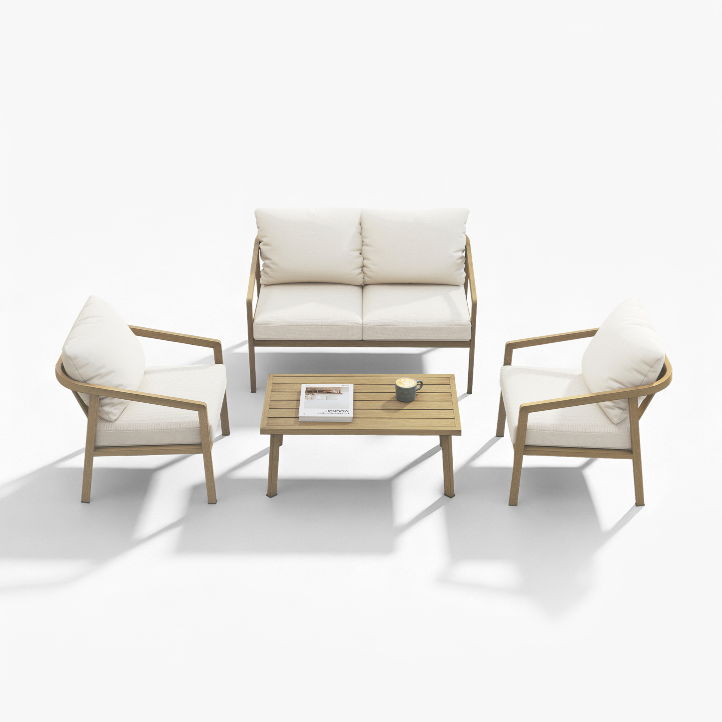 Crafted with beige cushions and a dark frame, this piece outdoor conversation set combines modern design and durability. - Seehill