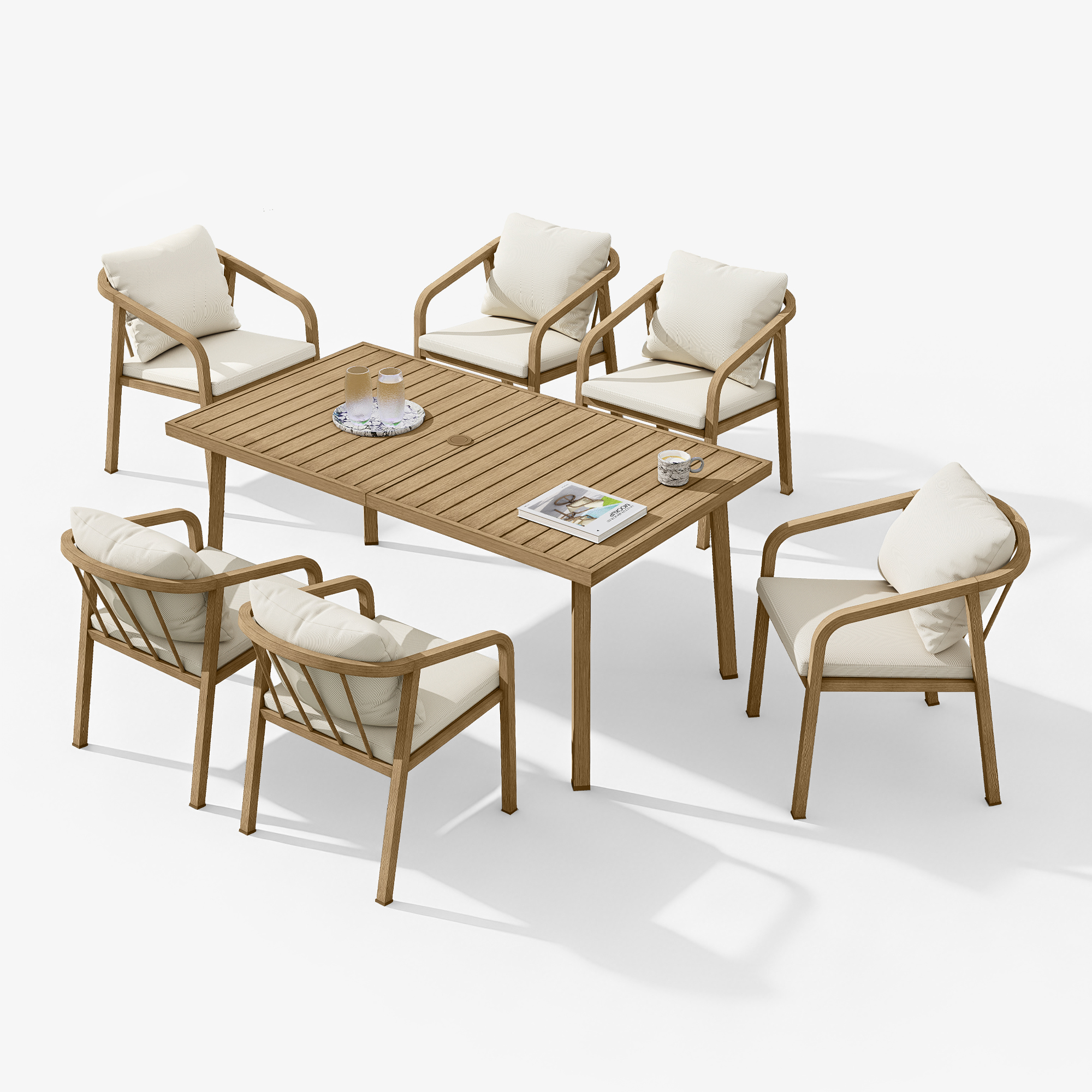 Seven-piece patio dining set with cushioned chairs and a wooden slat table-Seehill