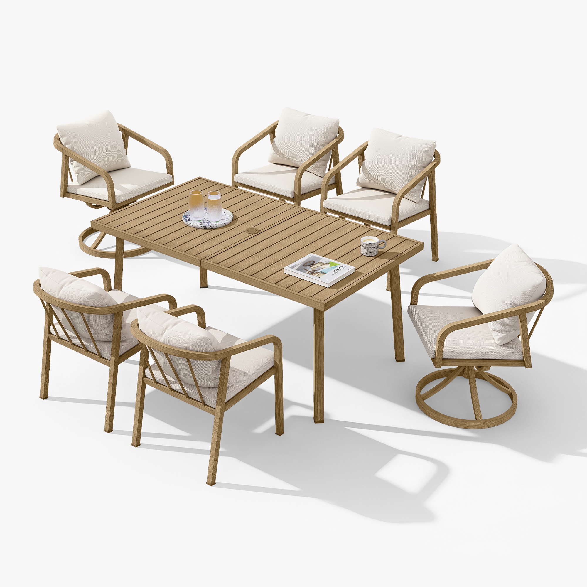 Seven-piece patio dining set with cushioned chairs and a rectangular wooden table-Seehill