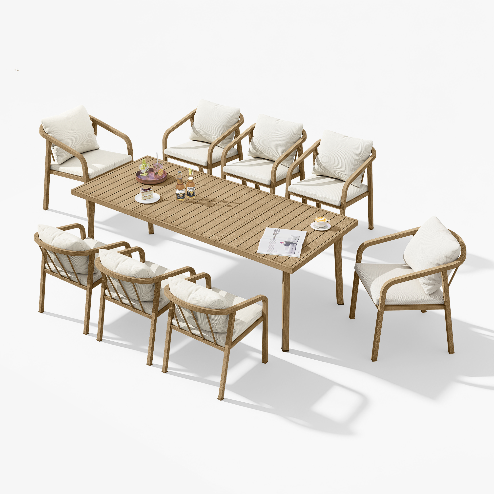 Outdoor dining set with cushioned chairs and a wooden table on a white background in a cozy-Seehill