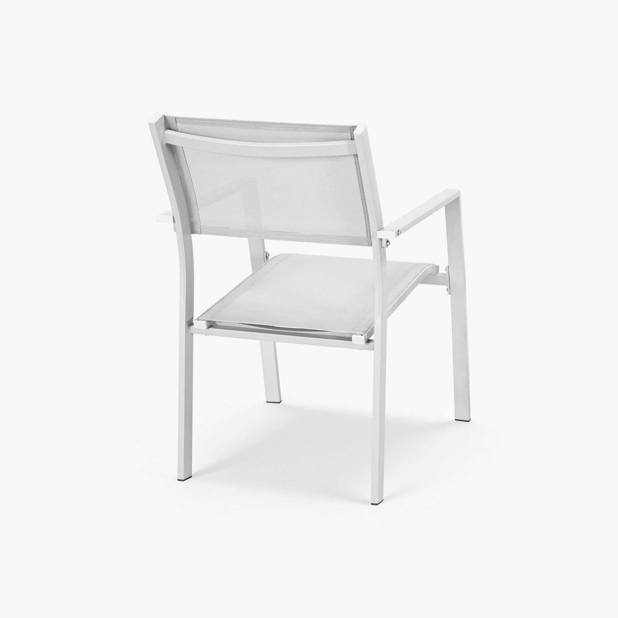White stackable patio dining chair with textile seat and backrest on white background -Seehill