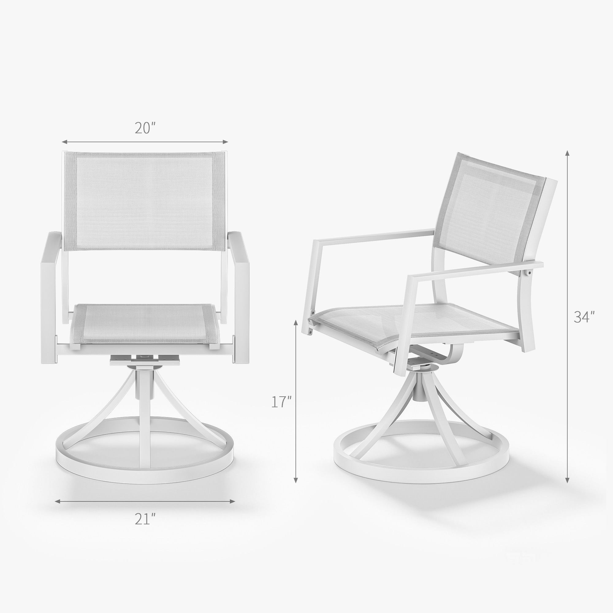Two-piece white stackable patio swivel dining chairs with mesh seats and backs -Seehill