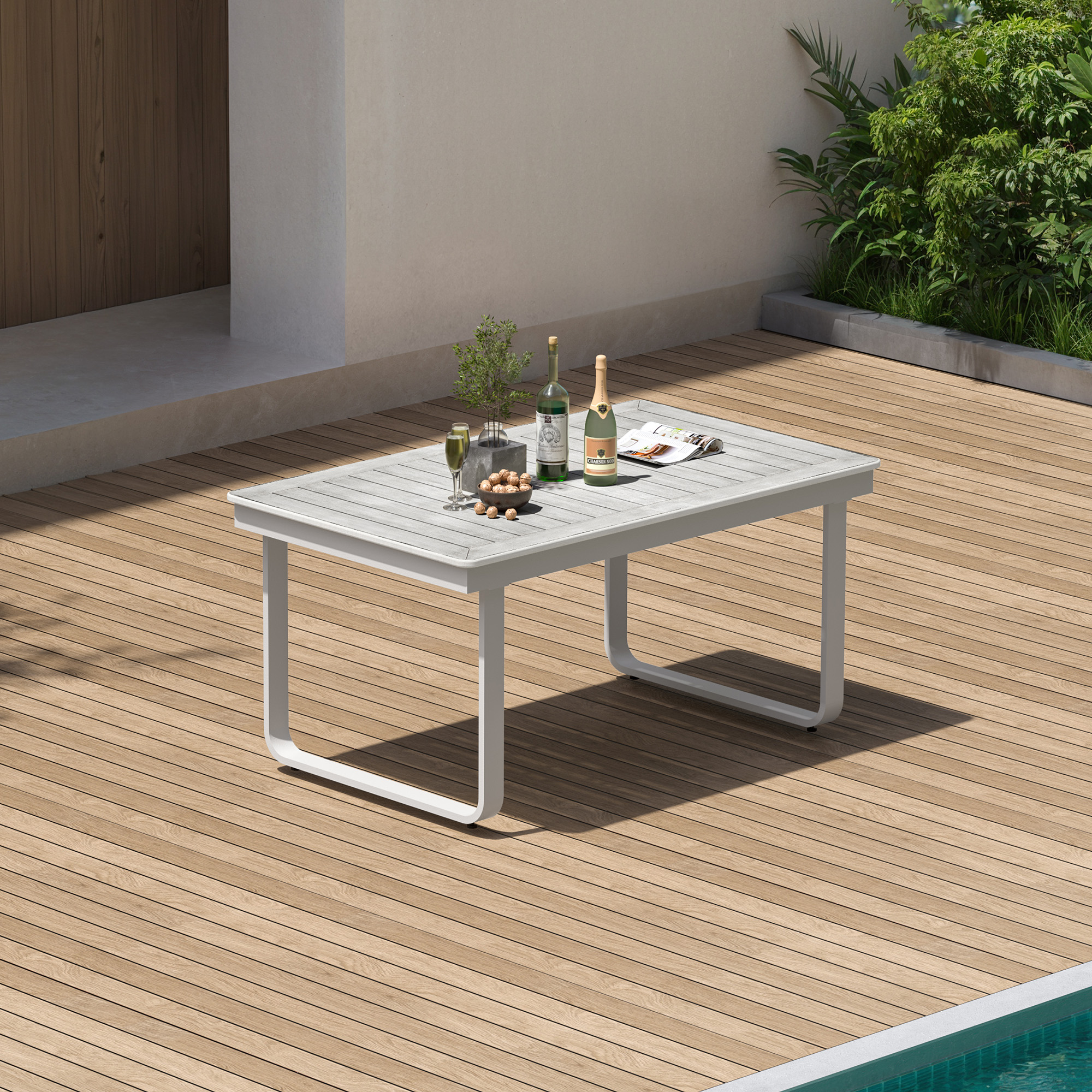 Expandable patio dining table with U-shaped legs on wooden deck near pool-Seehill