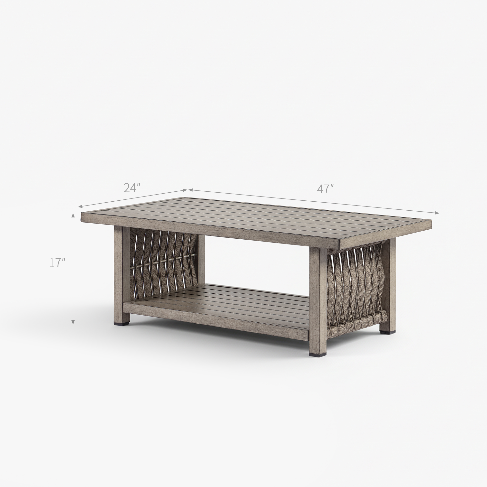 Highlighting the gray outdoor coffee table with woven side panels, measuring xx inches, in this refined outdoor collection. - Seehill