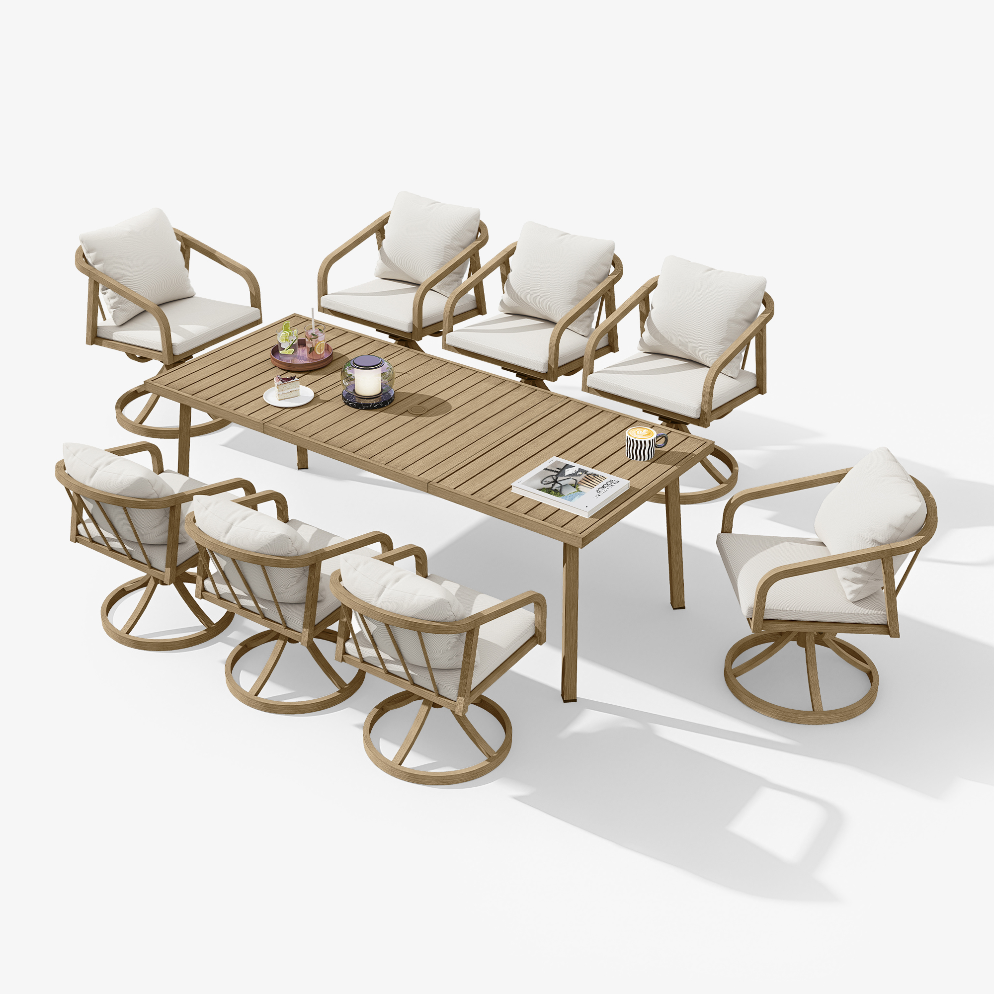 Outdoor dining set with cushioned swivel chairs and a rectangular wooden table-Seehill