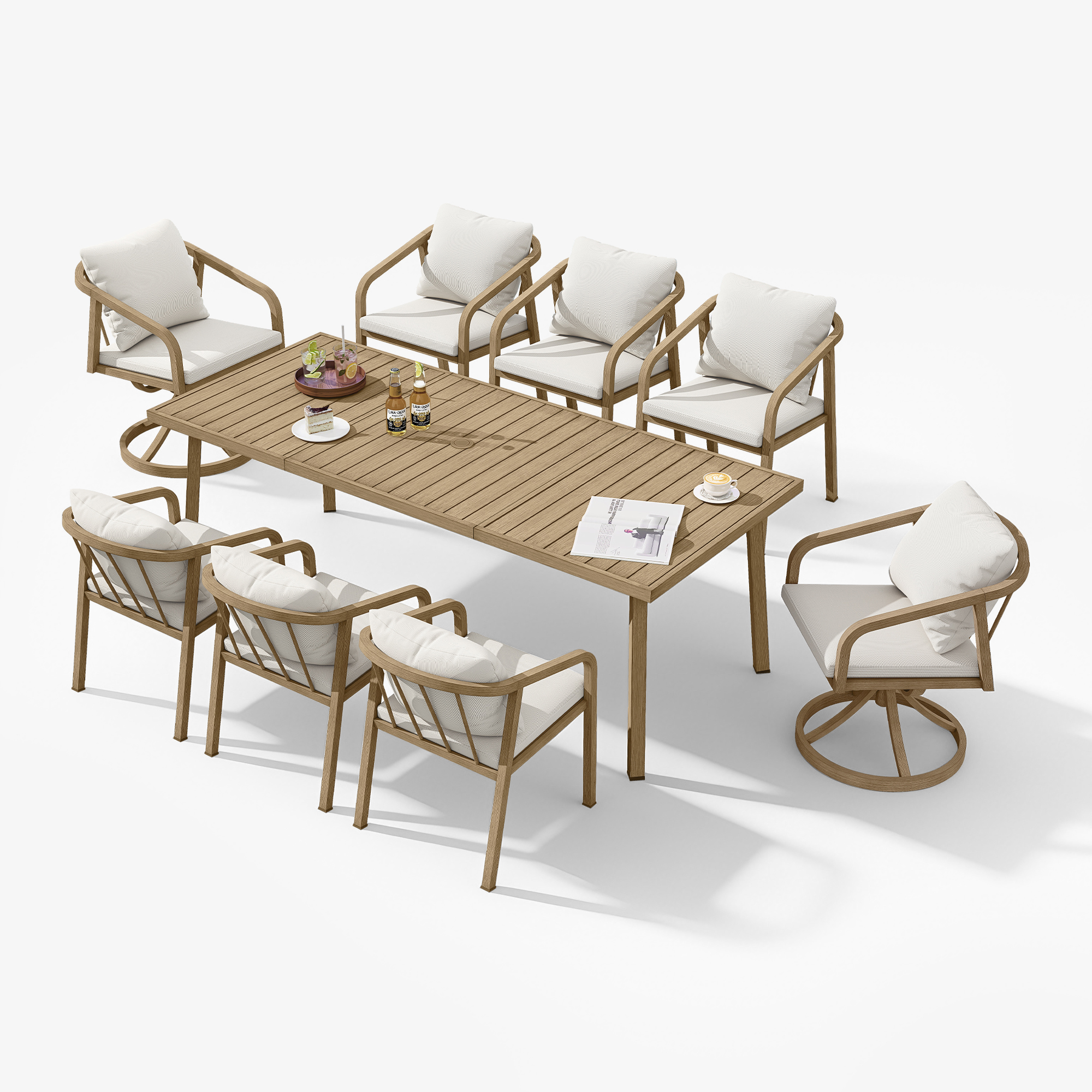 Outdoor dining set with cushioned chairs and a large wooden table on white-Seehill