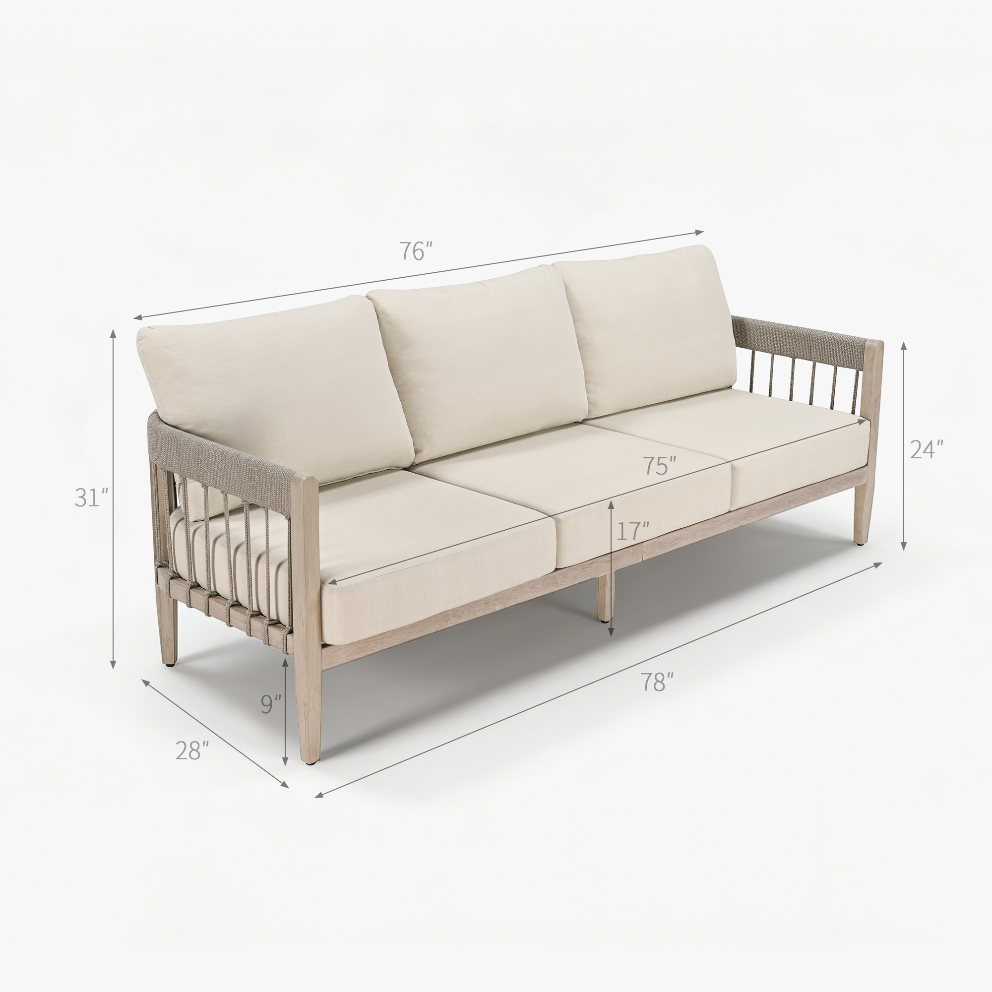 Three-seater outdoor patio sofa with beige cushions and faux wood grain frame with natural l-Seehill