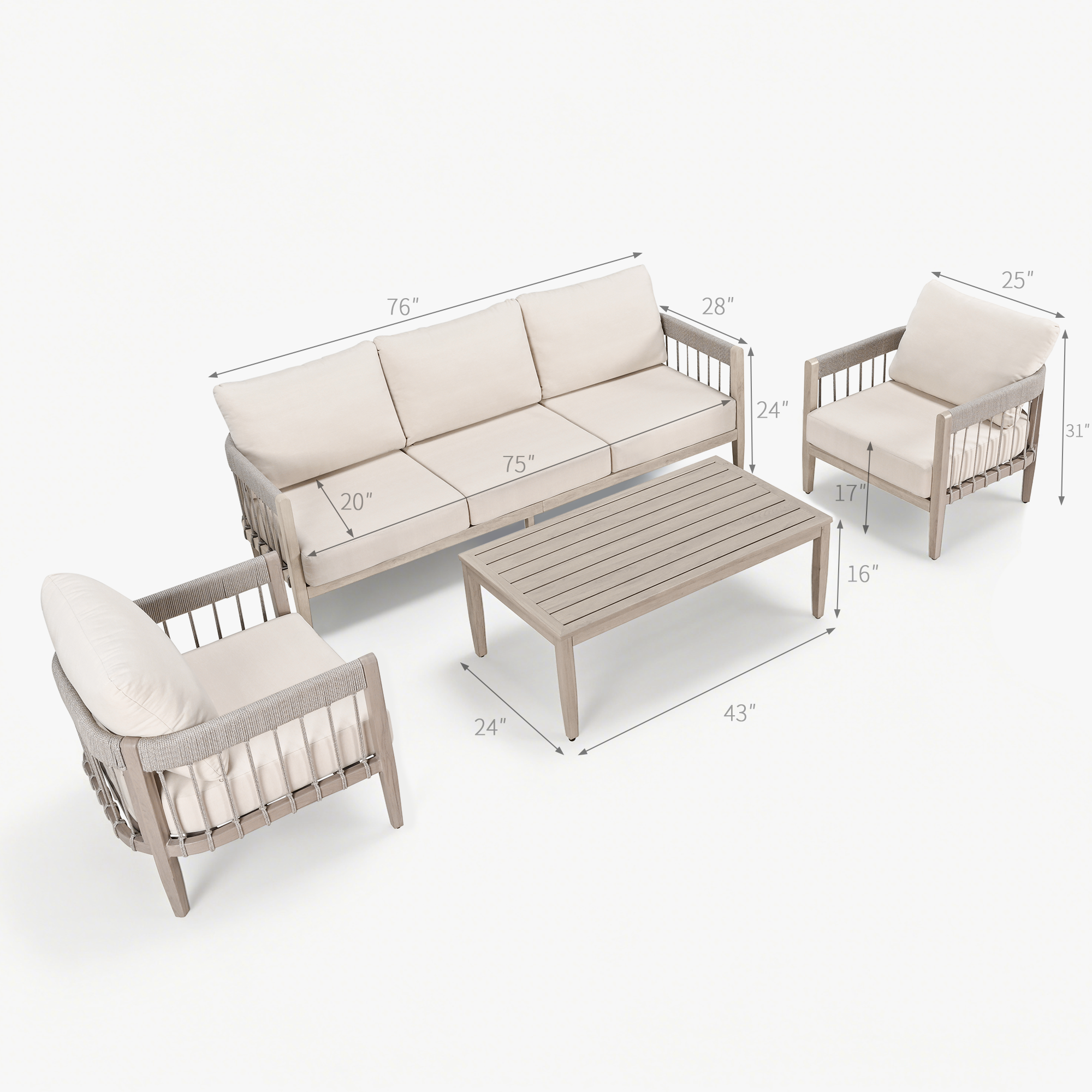 Four-piece patio furniture set with cushioned seats and faux wood grain finish -Seehill