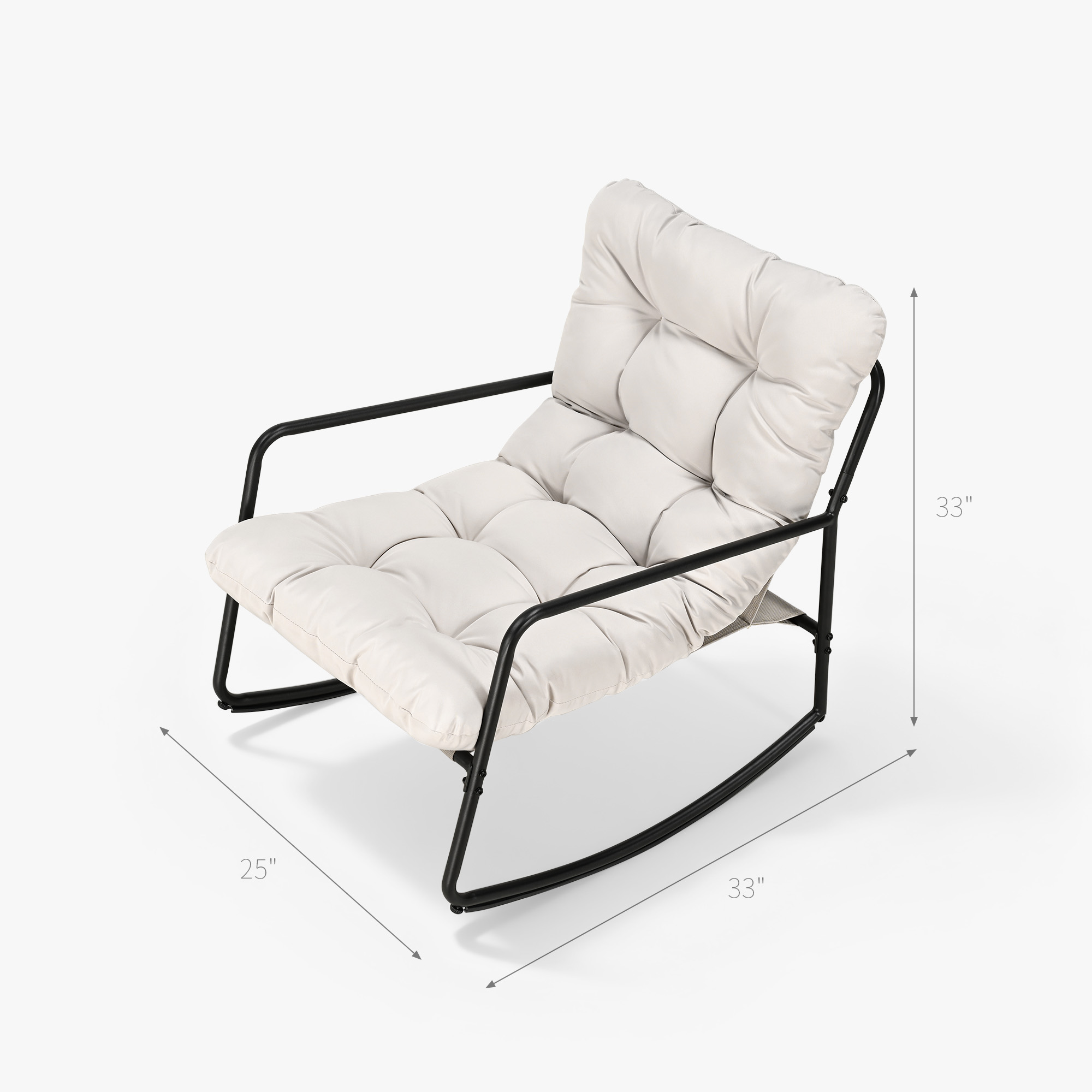 Modern patio rocking chair with metal frame and plush cushioned seat in light color -Seehill