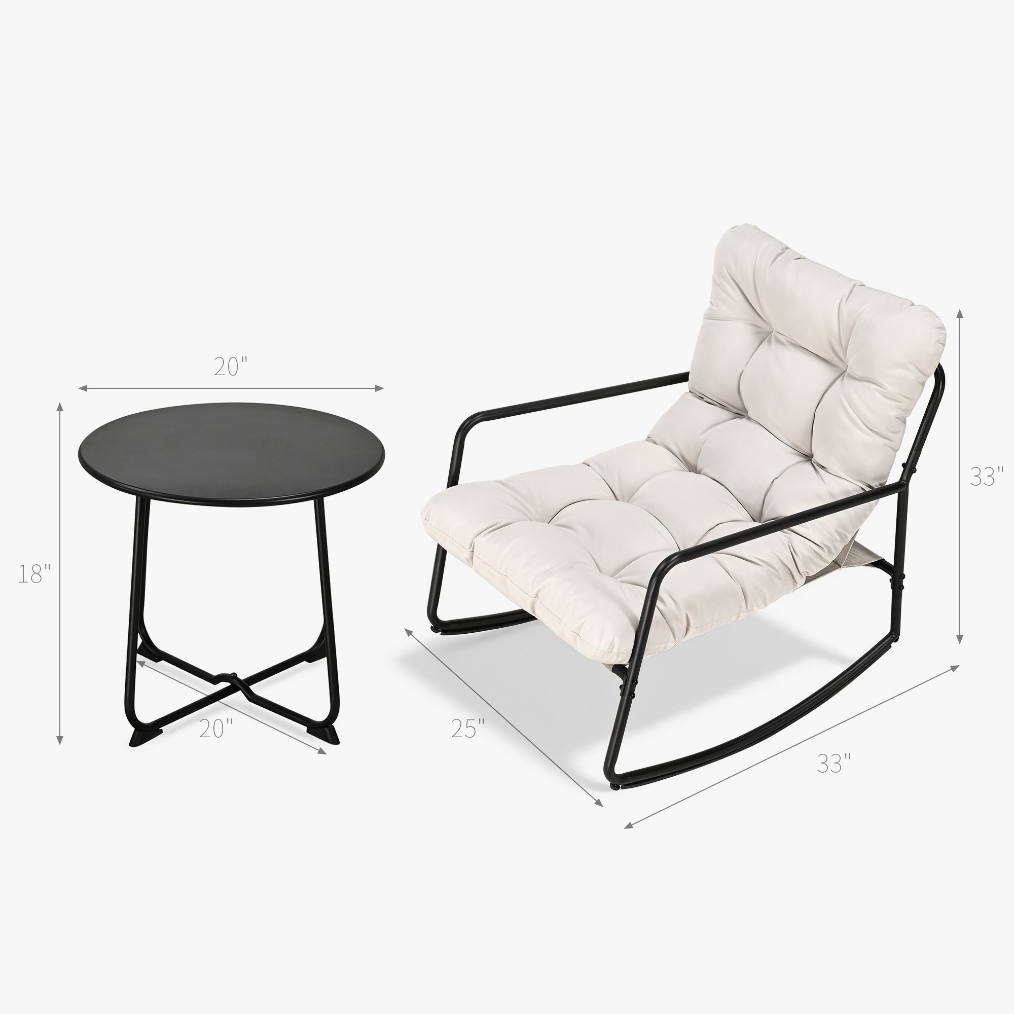 Modern metal patio rocking chair with plush cushions and matching round side table -Seehill