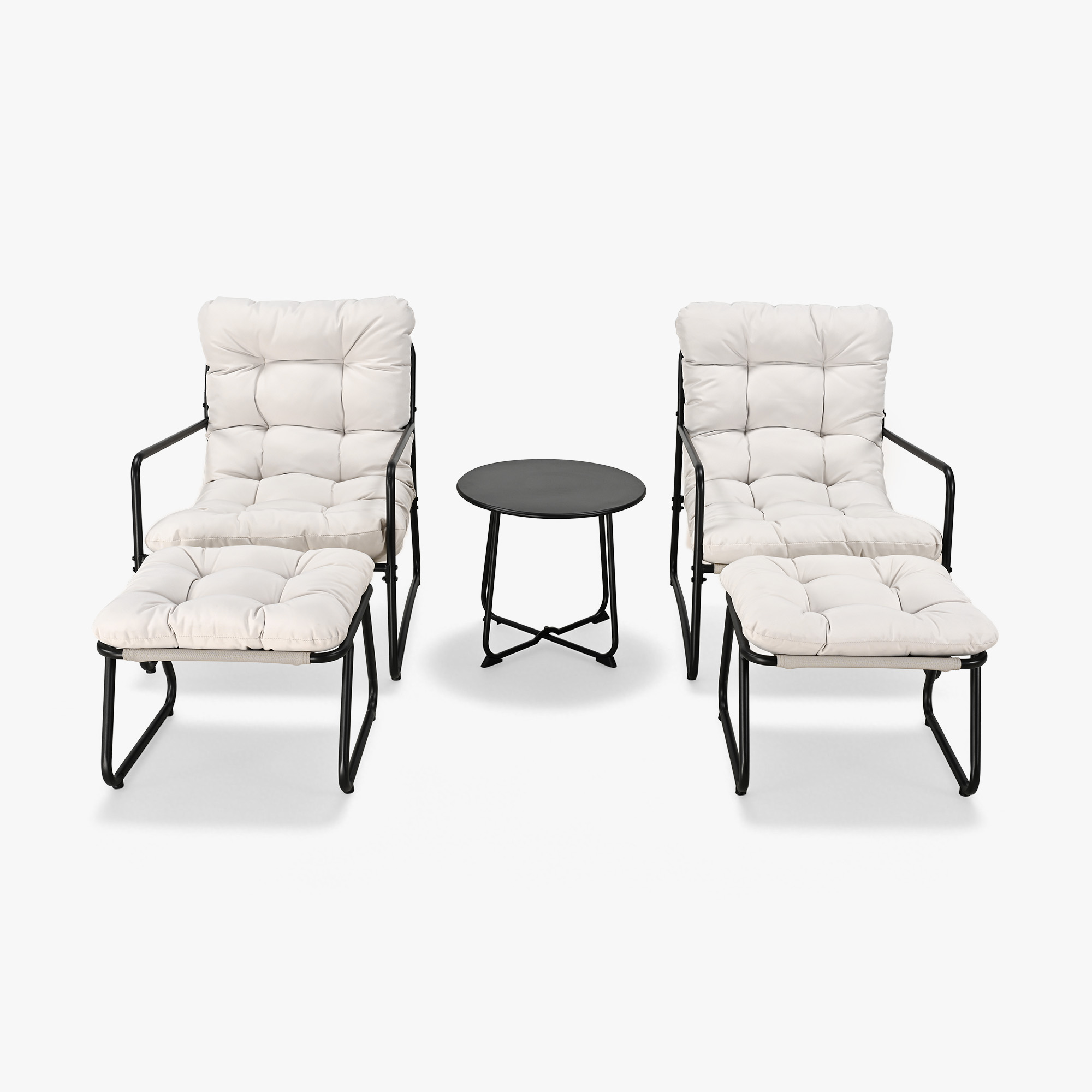 Two cushioned metal rocking chairs with matching ottomans and a round side table-Seehill