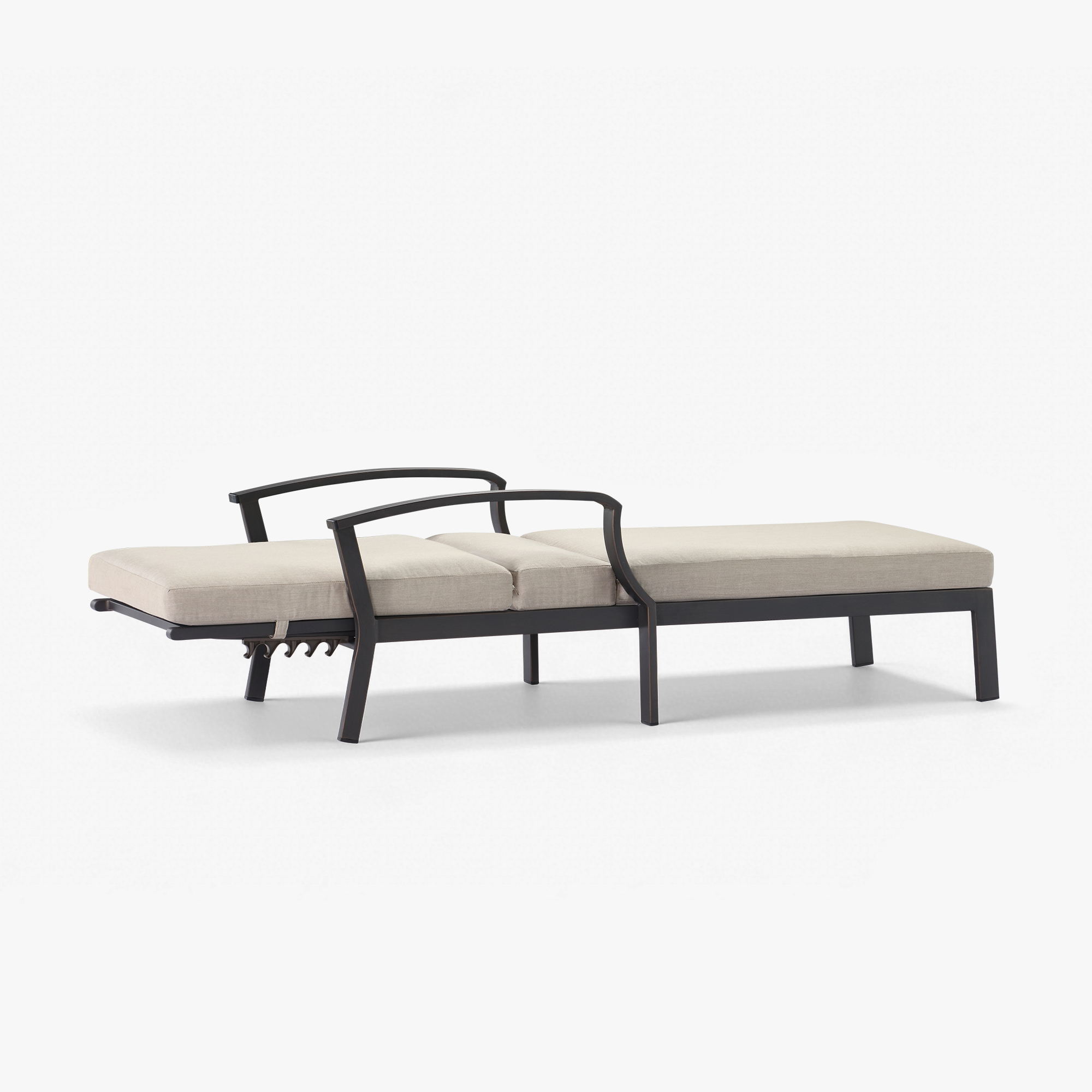 Outdoor lounge chair with adjustable backrest and beige cushions on black frame-Seehill