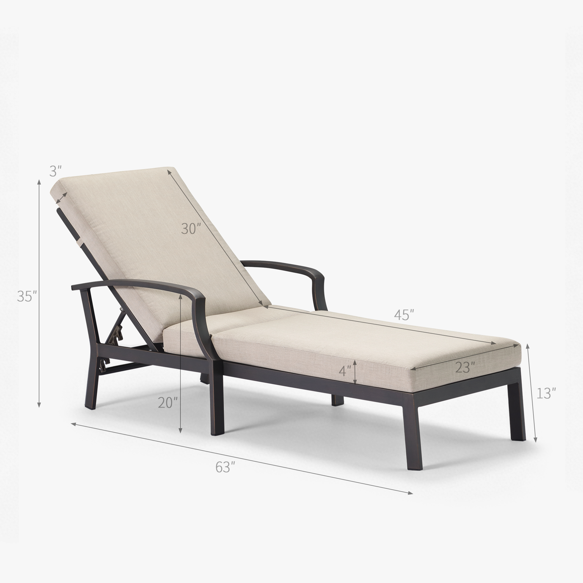 Outdoor lounge chair with adjustable backrest and beige cushion on dark frame-Seehill