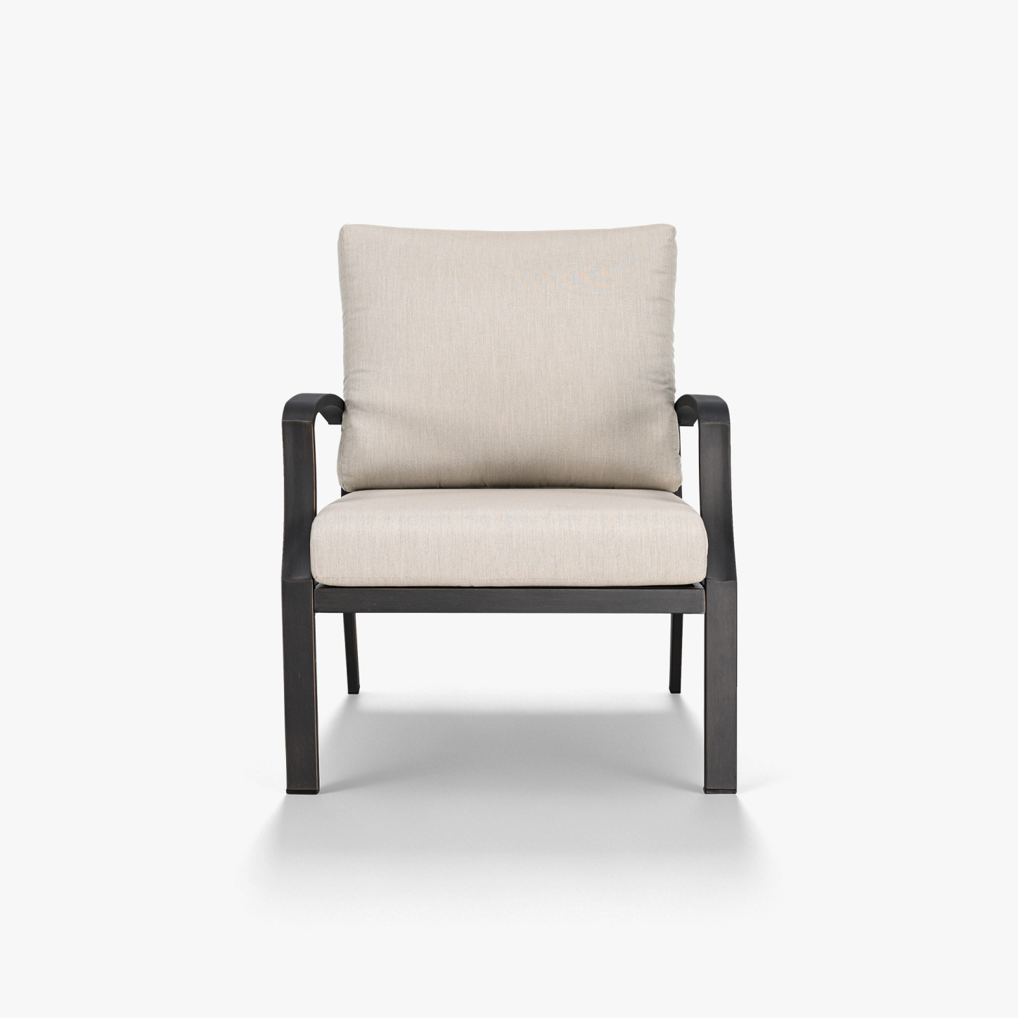 Beige cushioned patio armchair with dark metal frame on white background -Seehill