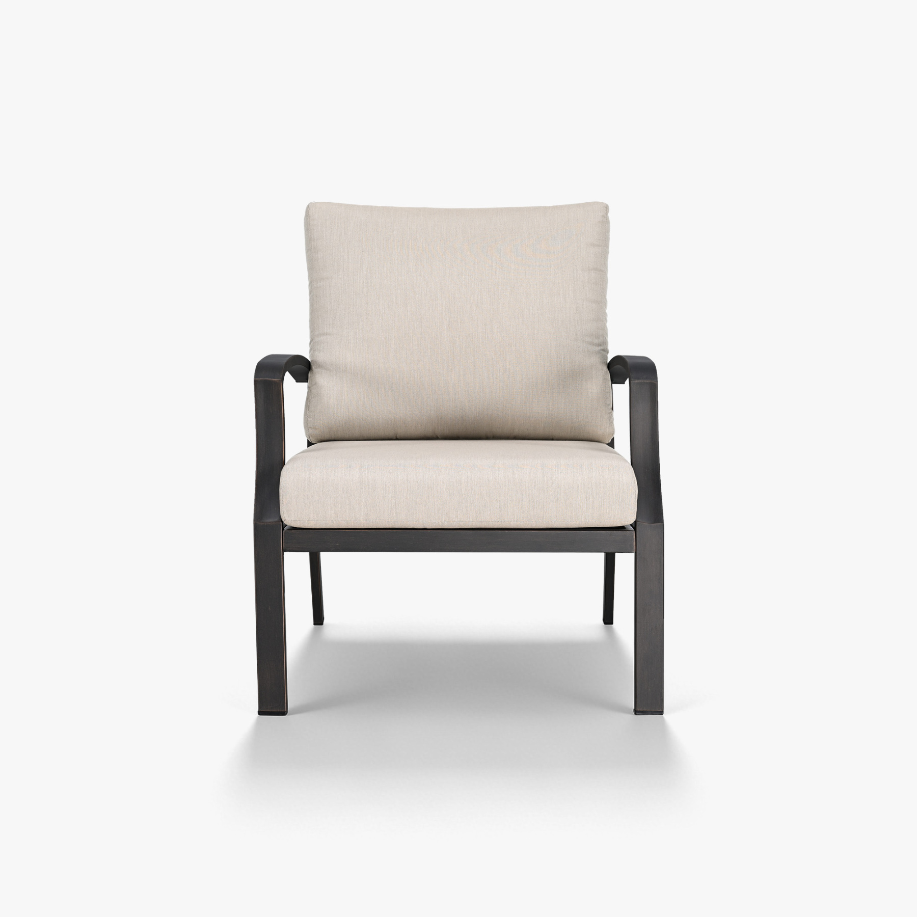 Beige cushioned patio armchair with dark metal frame on white background -Seehill