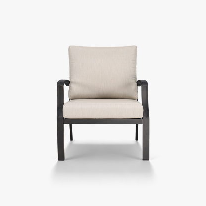 Beige cushioned patio armchair with dark metal frame on white background -Seehill