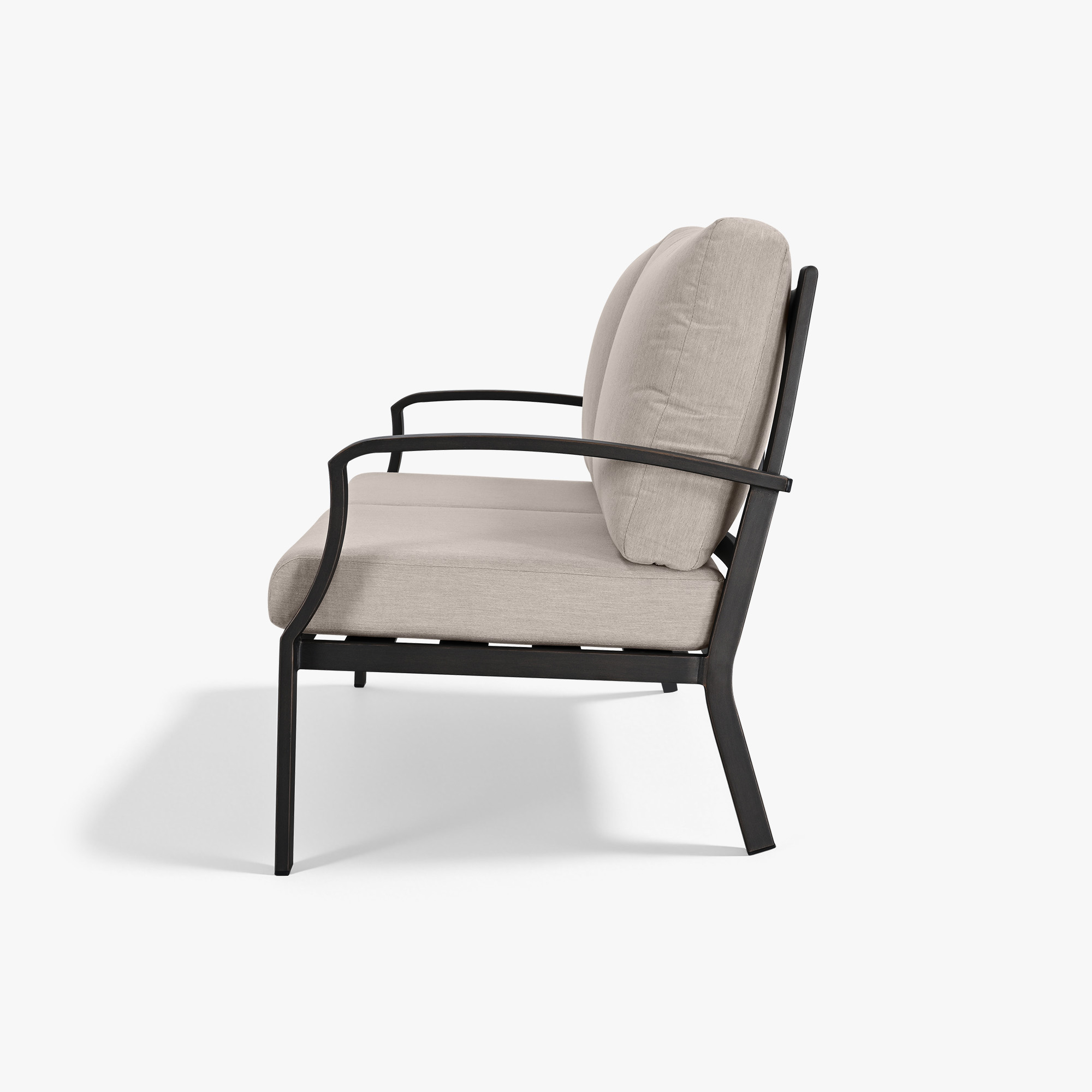 Side view of a two-seater outdoor loveseat sofa with beige cushions and black frame-Seehill