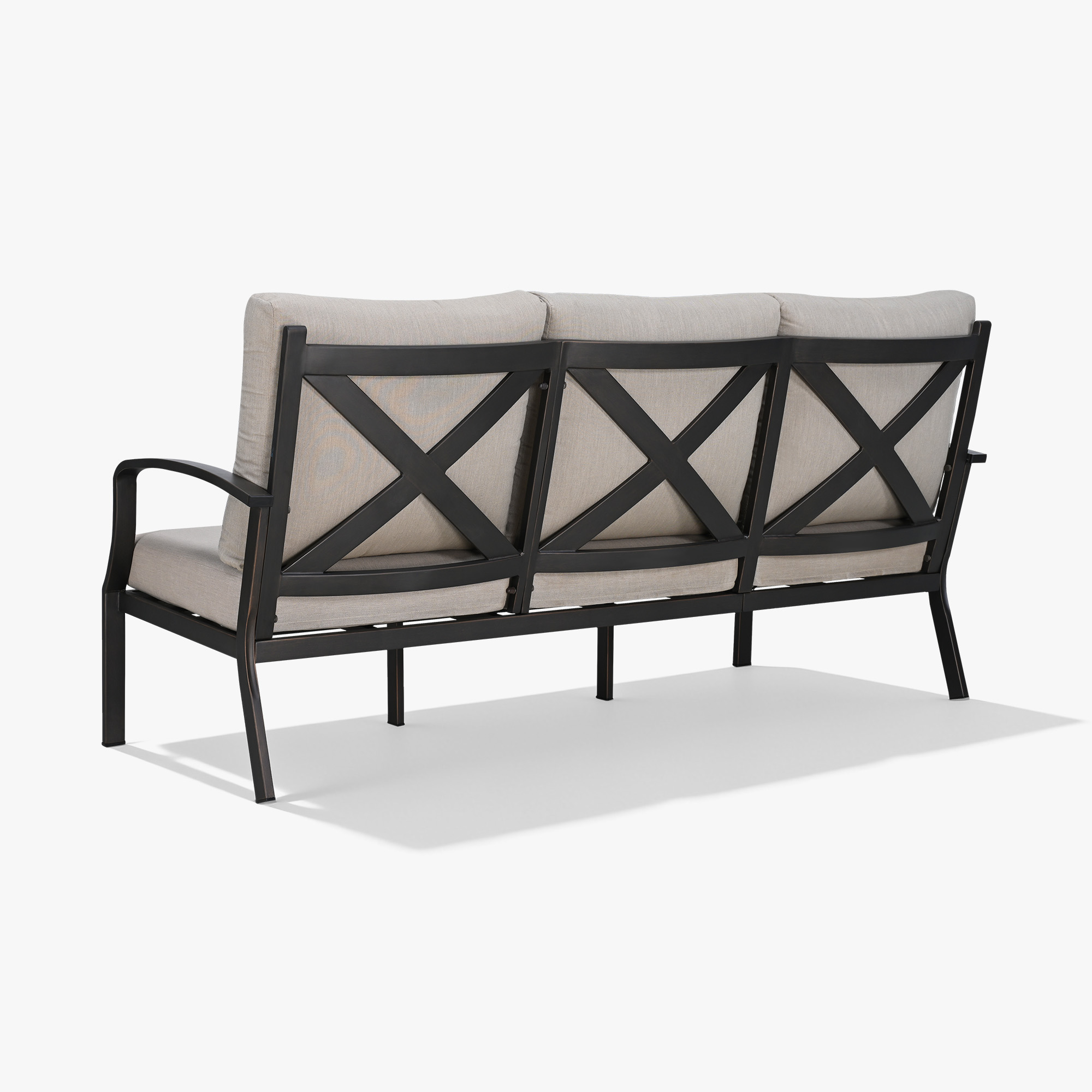 Back view of spacious outdoor patio sofa with black metal frame and beige cushions -Seehill
