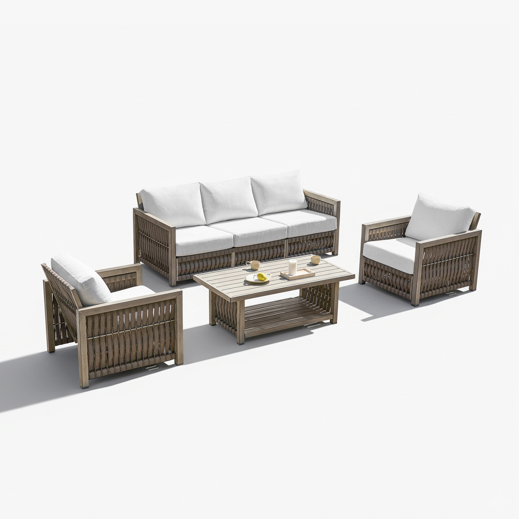 Modern outdoor patio set with woven rattan frames, white cushions - Seehill