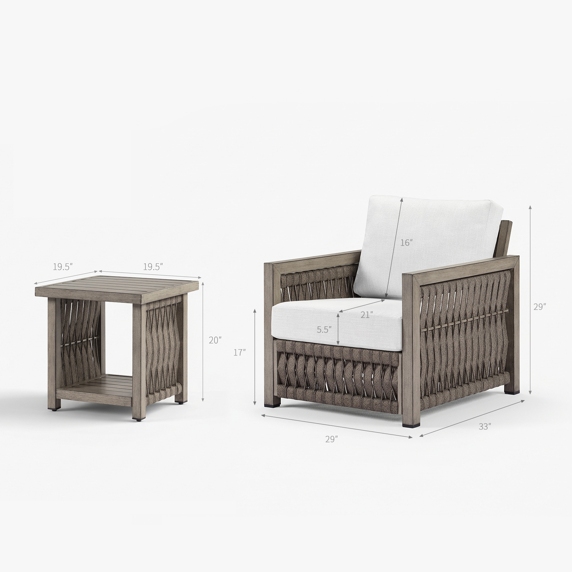 An elegant Outdoor Patio Set includes an aluminum frame, rope weave sofa, and coffee table with washable cushions. - Seehill