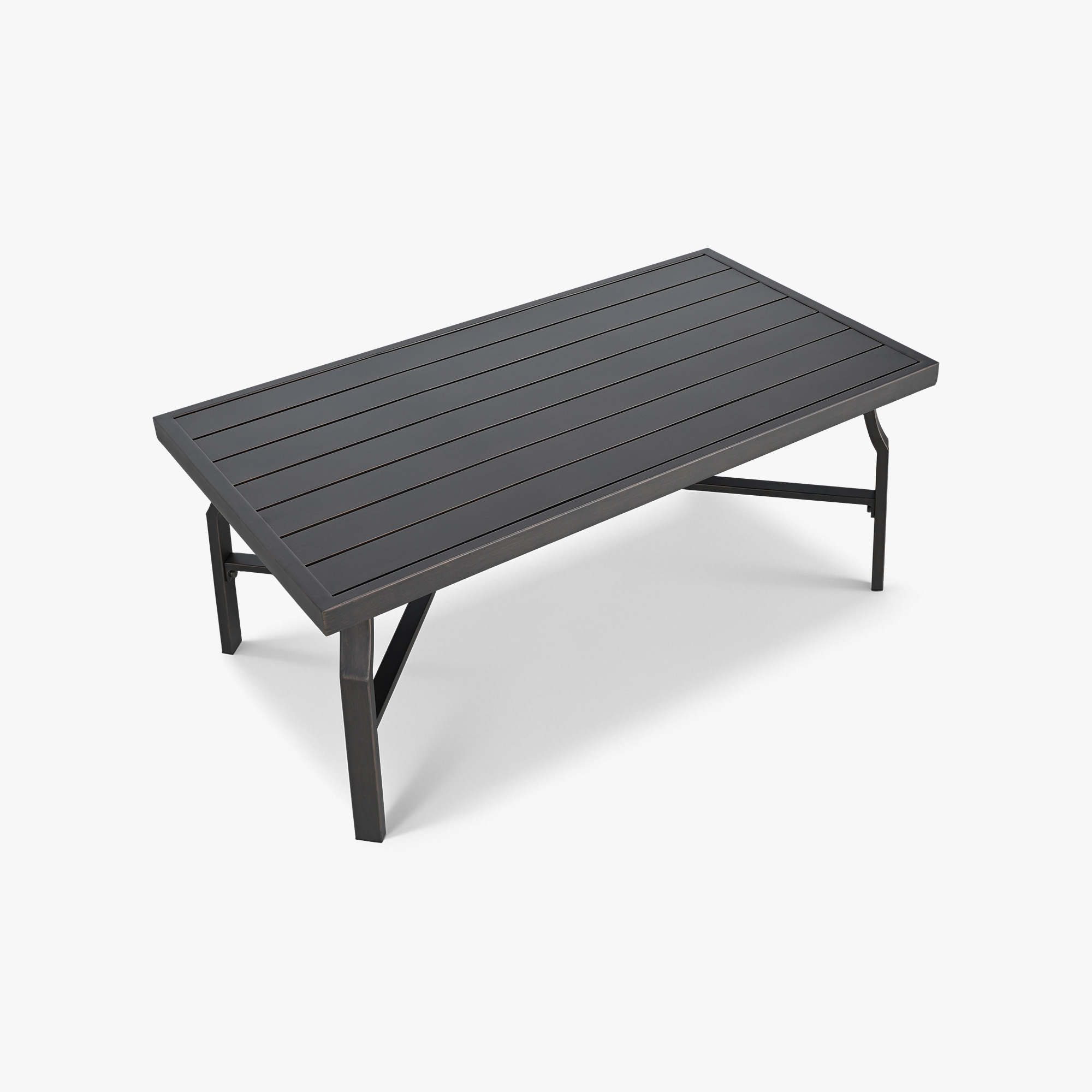 Outdoor rectangular coffee table with slatted top and metal frame on white background-Seehill