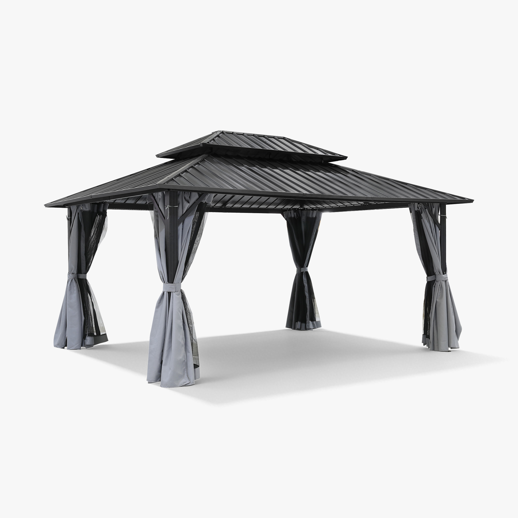 Black outdoor patio hardtop gazebo with curtains and netting on white background -Seehill