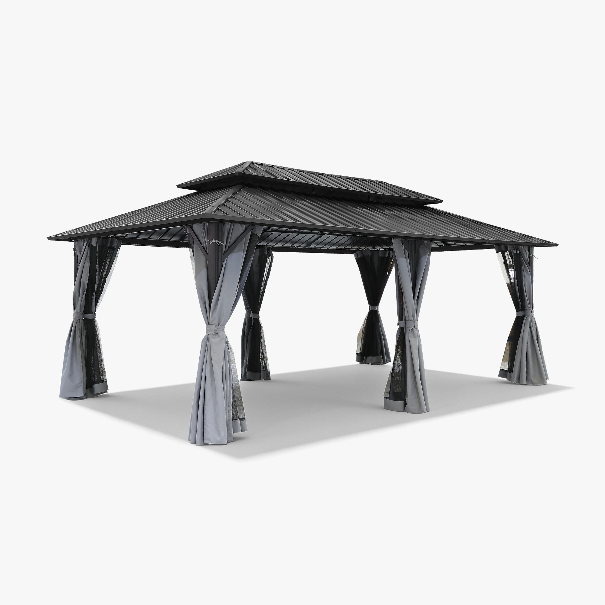 Outdoor patio hardtop gazebo with metal roof and attached netted curtains on white-Seehill